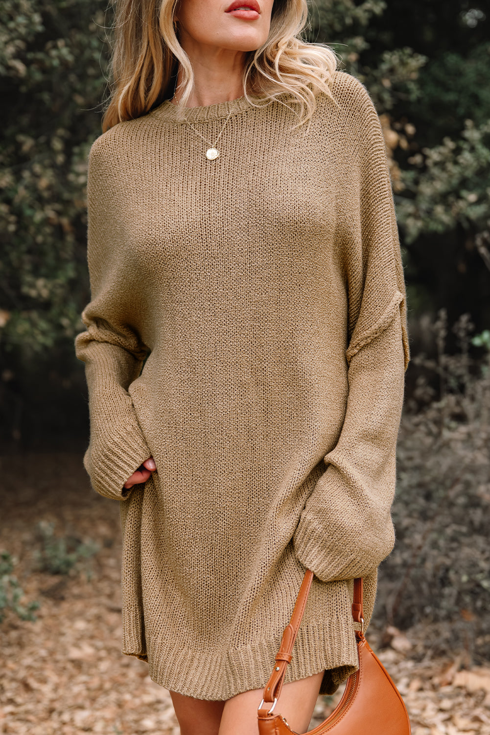 Pale Khaki Oversize Drop Shoulder Slouchy Sweater Dress-TOPS / DRESSES-[Adult]-[Female]-2022 Online Blue Zone Planet