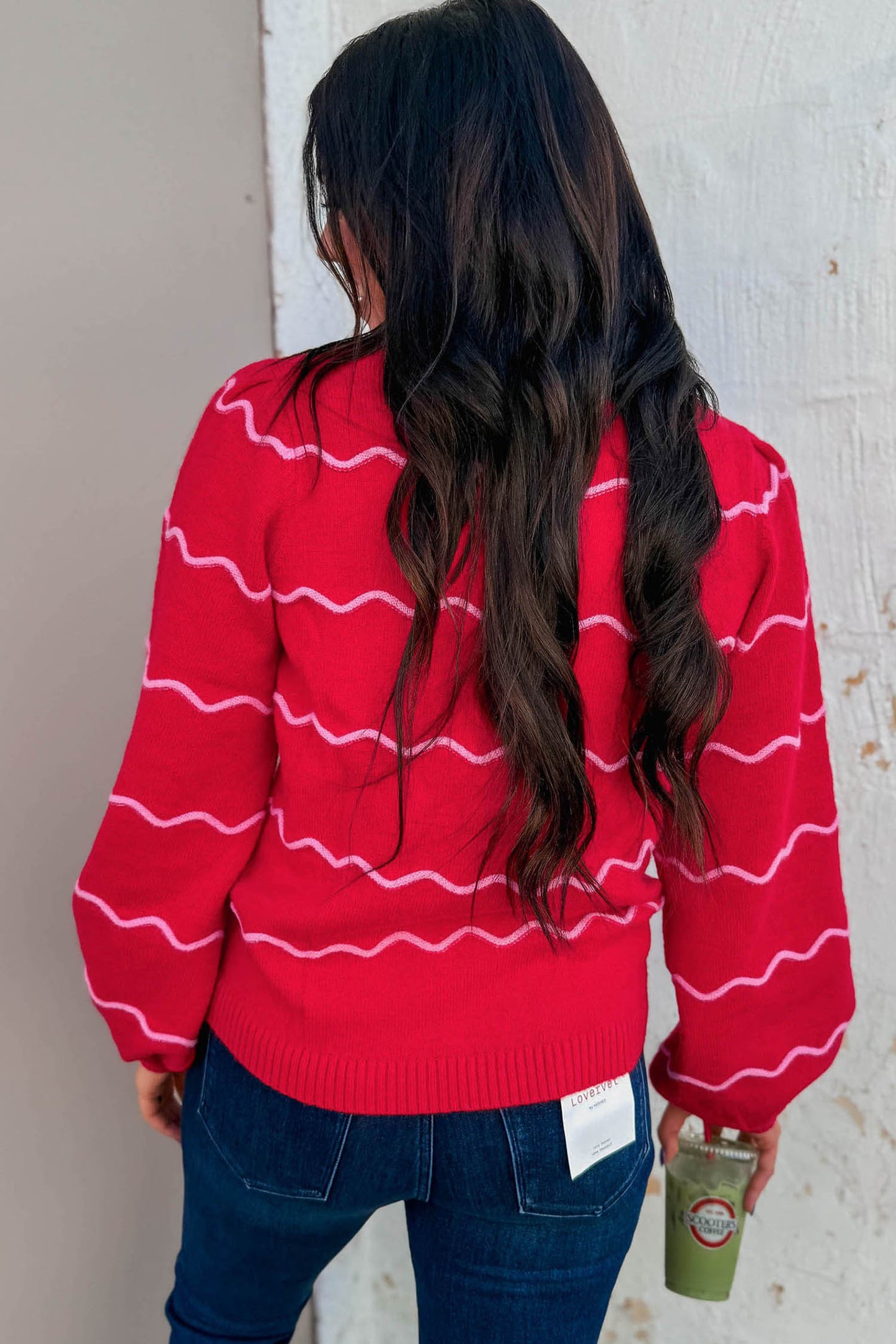 Red Stripe Striped Round Neck Long Sleeve Shift Pullover Sweater