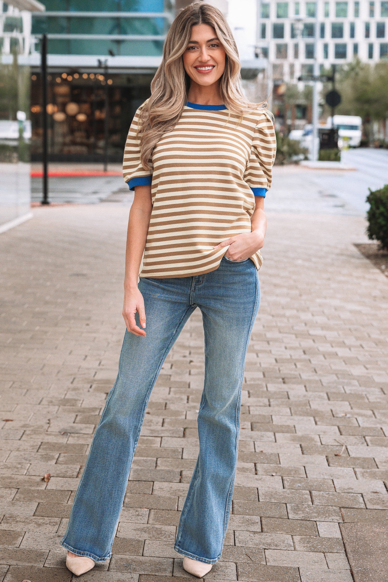Brown Stripe Short Puff Sleeve Contrast Trim Round Neck Tee-Tops/Tops & Tees-[Adult]-[Female]-2022 Online Blue Zone Planet