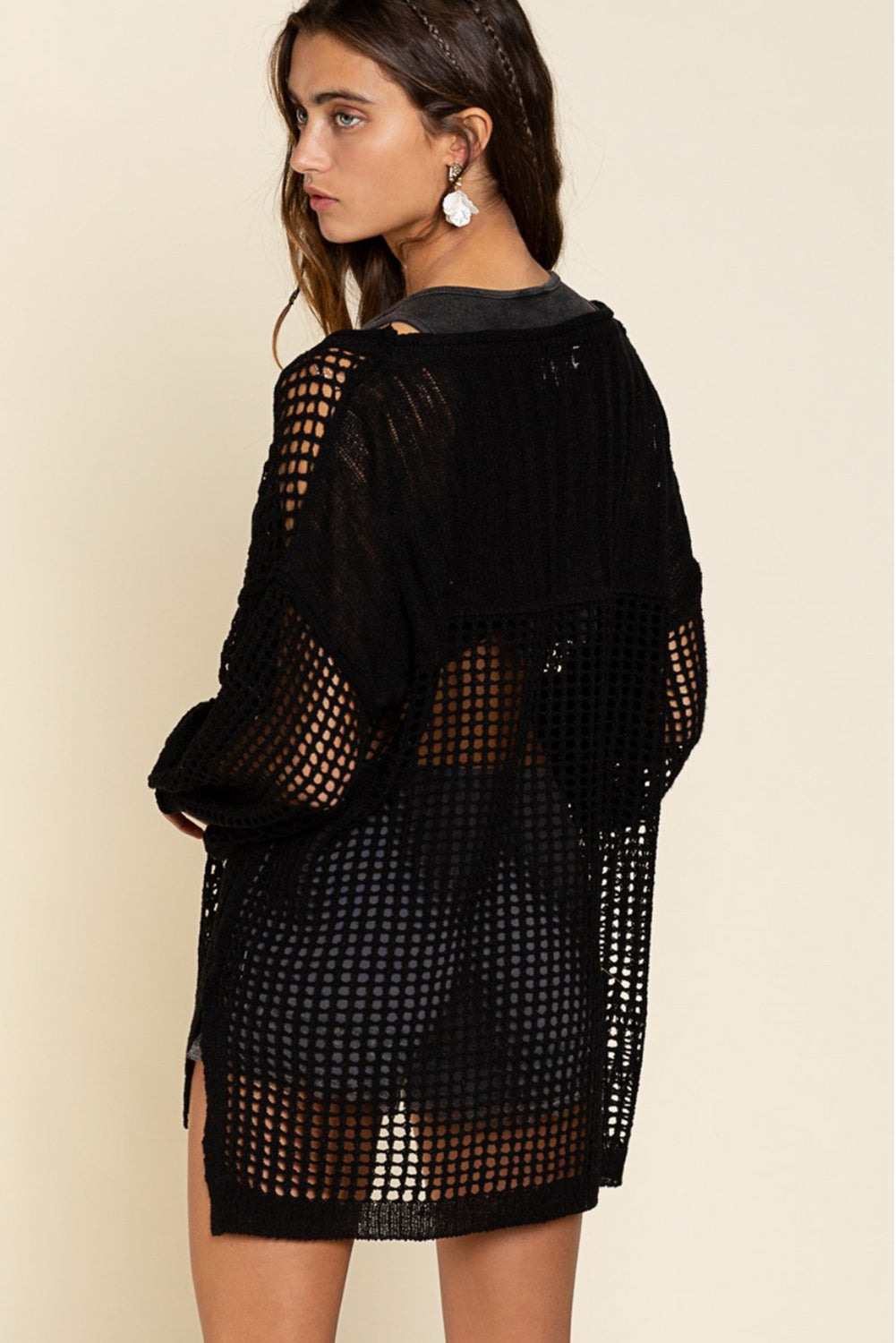 Black Fishnet Hollow-out Long Sleeve Beach Cover up-Swimwear/Beach Cover-ups-[Adult]-[Female]-2022 Online Blue Zone Planet