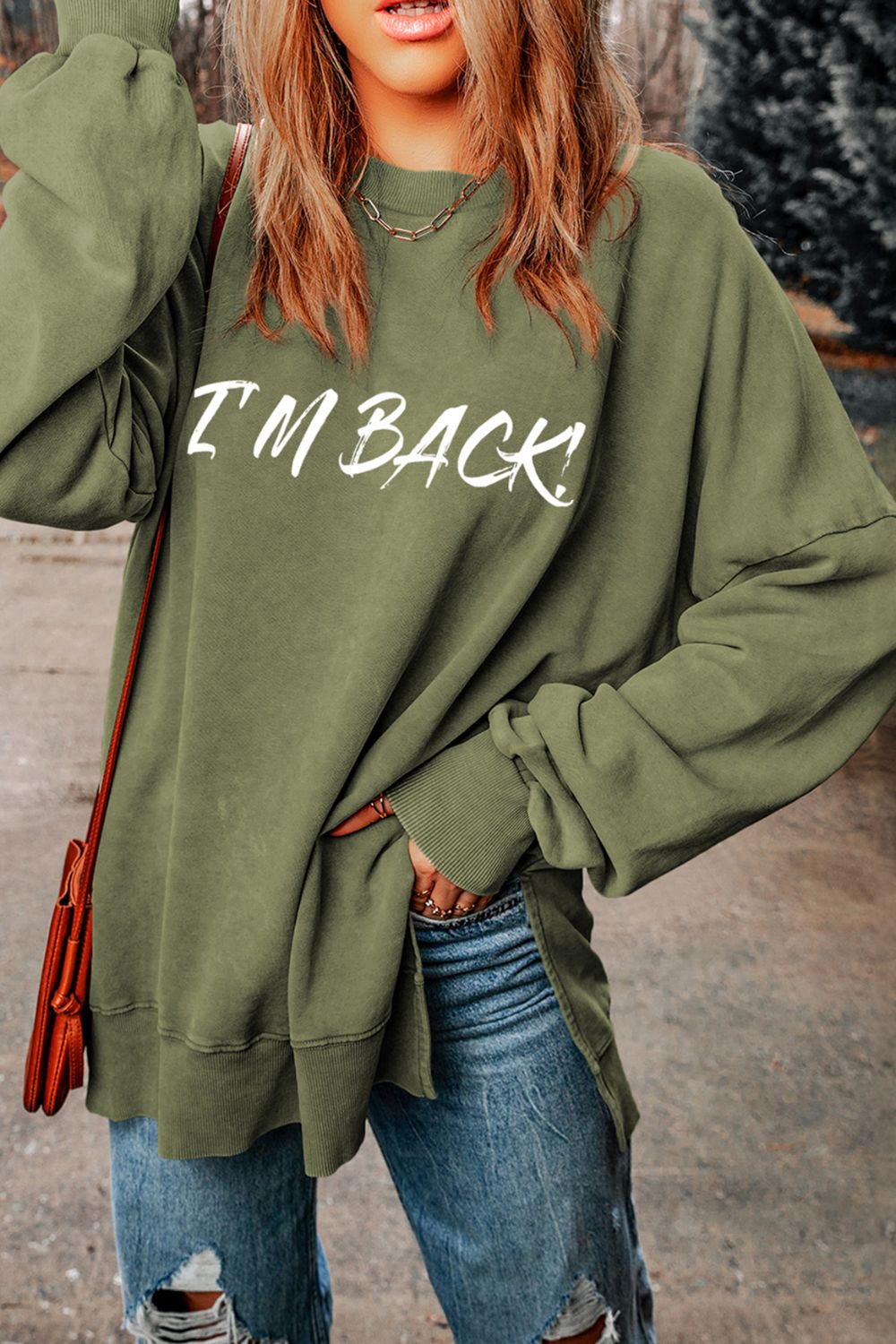 I'M BACK Round Neck Dropped Shoulder Sweatshirt-TOPS / DRESSES-[Adult]-[Female]-2022 Online Blue Zone Planet