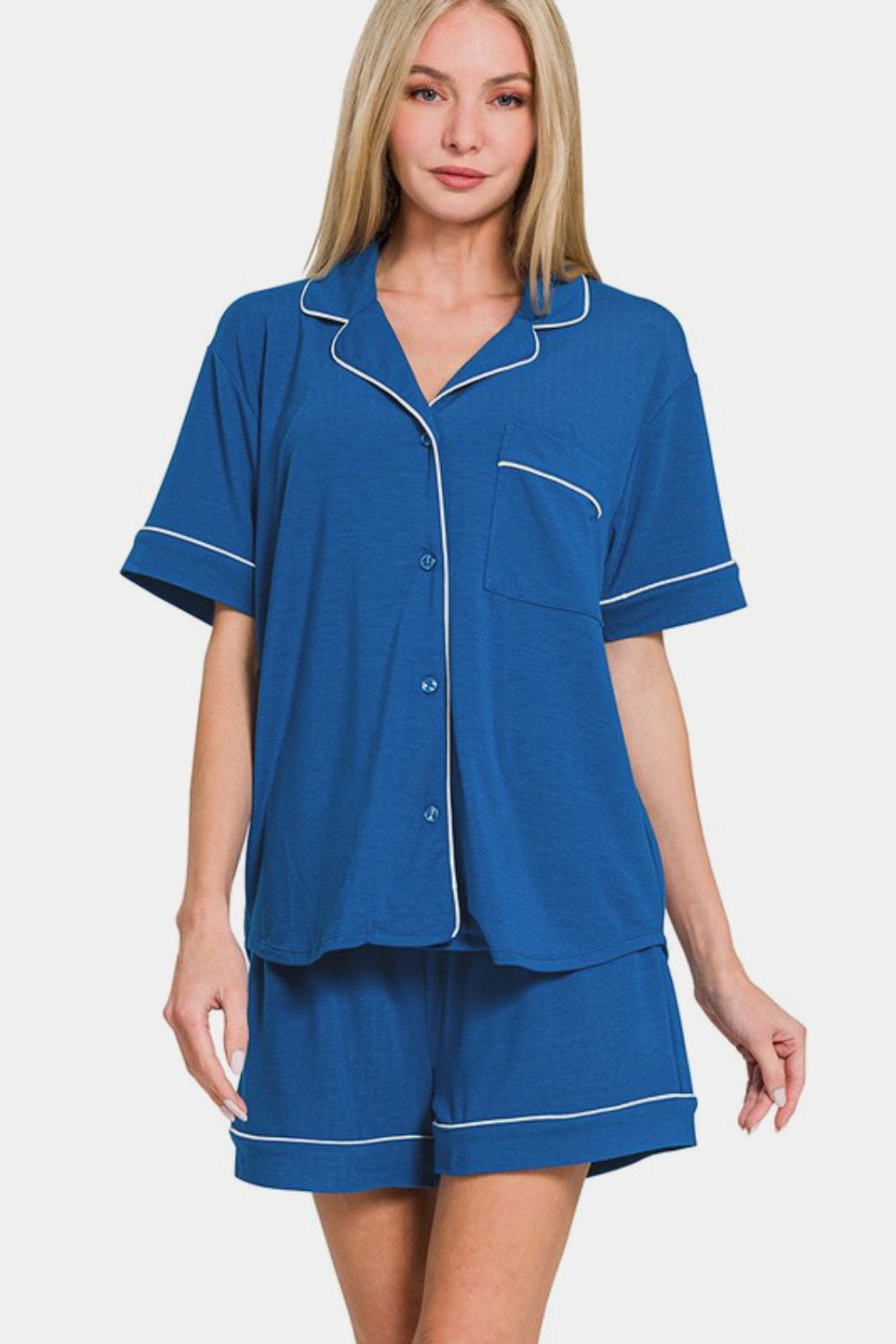 Blue Zone Planet | Zenana Button Down Short Sleeve Top and Shorts Lounge Set-TOPS / DRESSES-[Adult]-[Female]-Classic Blue-S-2022 Online Blue Zone Planet