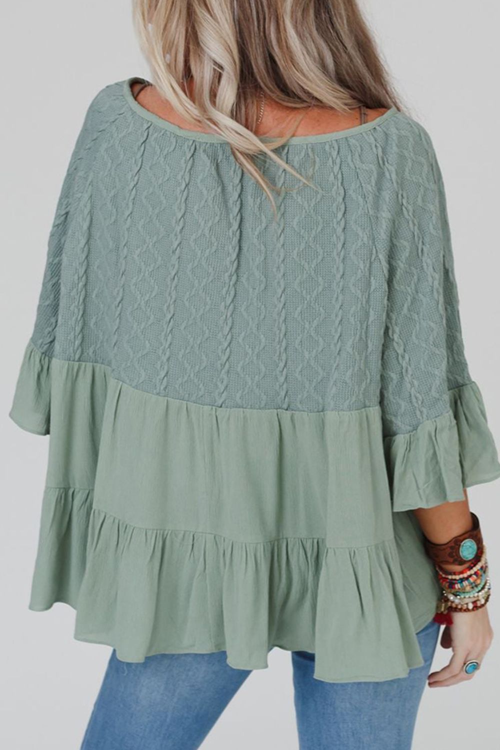 Ruffled Tie Neck Three-Quarter Sleeve Blouse-TOPS / DRESSES-[Adult]-[Female]-2022 Online Blue Zone Planet