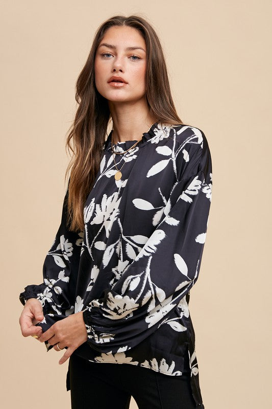 Annie Wear Frill Printed Balloon Sleeve Blouse-TOPS / DRESSES-[Adult]-[Female]-2022 Online Blue Zone Planet