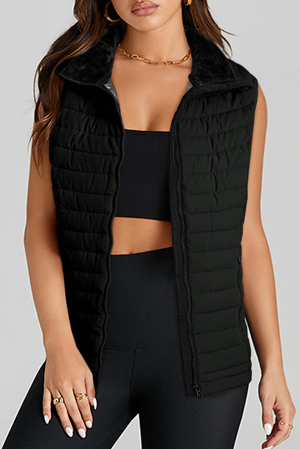 Blue Zone Planet | Silvery Plush Collared Quilted Zipped Puffer Vest-Outerwear/Vests-[Adult]-[Female]-Black-S-2022 Online Blue Zone Planet