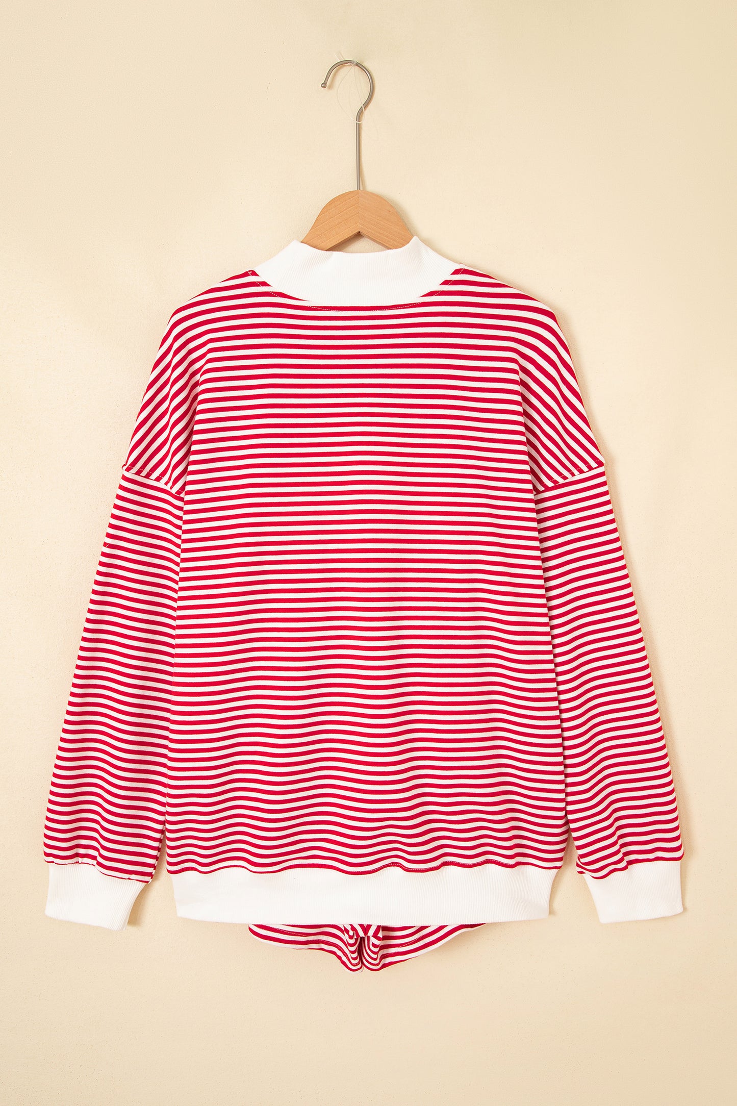 Red Stripe Oversize Mock Neck Sweatshirt and Shorts Set-Two Piece Sets/Short Sets-[Adult]-[Female]-2022 Online Blue Zone Planet