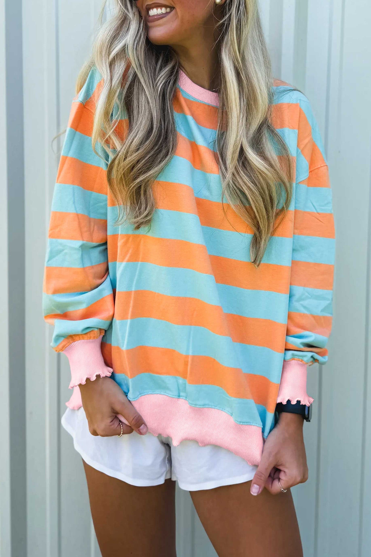 Orange Stripe Ribbed Color Block Trim Round Neck Long Sleeve Shift Top-Tops/Long Sleeve Tops-[Adult]-[Female]-Orange Stripe-S-2022 Online Blue Zone Planet