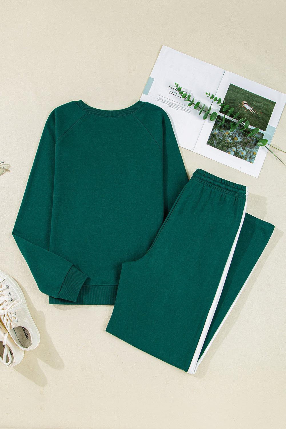Sea Green Solid Color Pullover Top Varsity Stripe Detail Loose Drawstring Pants Set-Two Piece Sets/Pant Sets-[Adult]-[Female]-2022 Online Blue Zone Planet