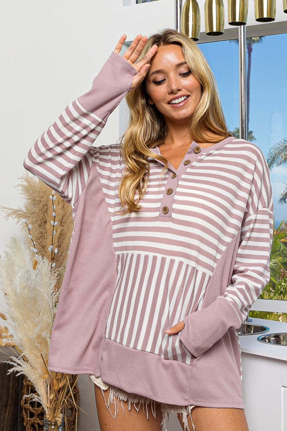 BiBi Striped Thumbhole Long Sleeve Top-TOPS / DRESSES-[Adult]-[Female]-2022 Online Blue Zone Planet