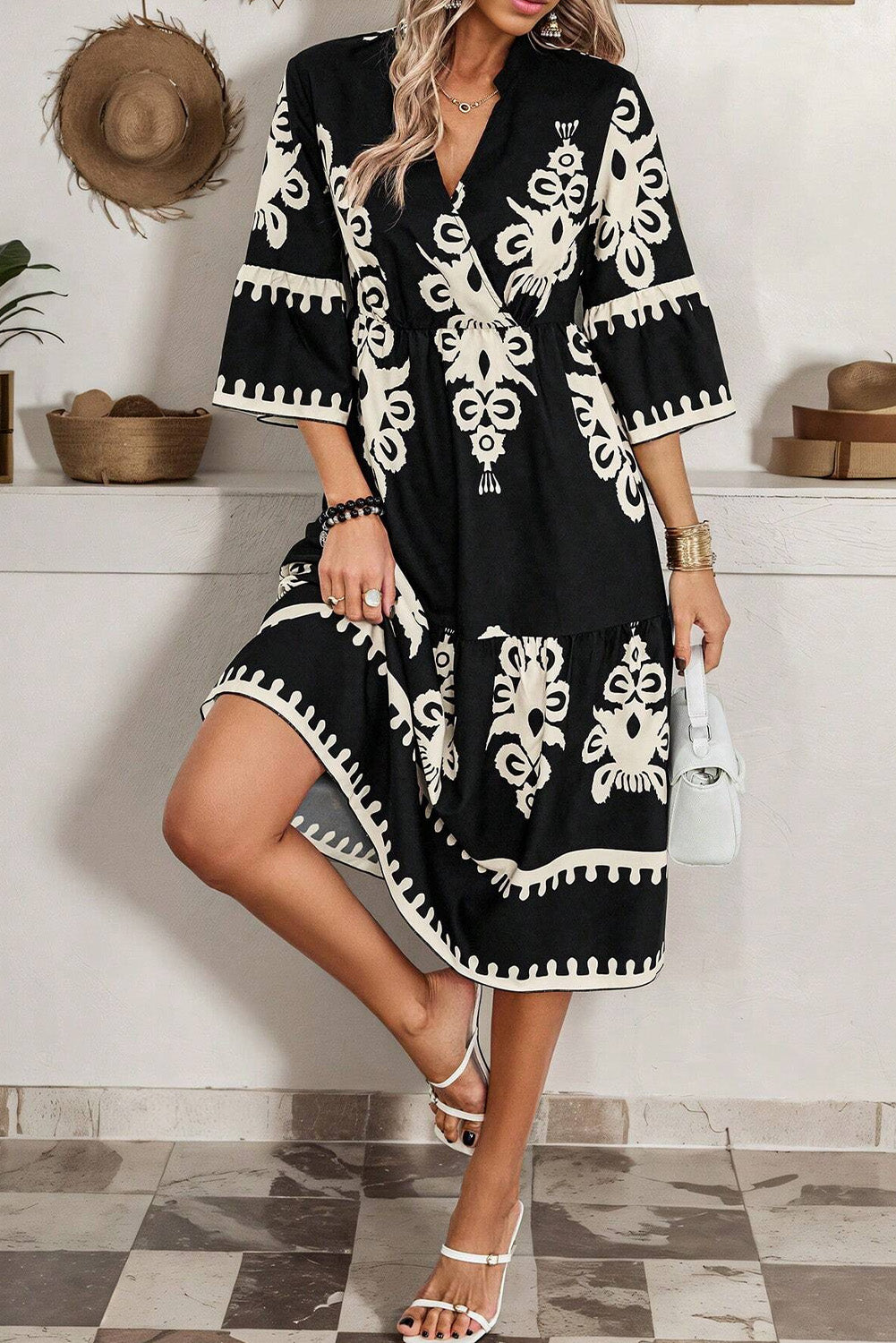 Black Western Geometric Print 3/4 Sleeve Loose Midi Dress-Dresses/Midi Dresses-[Adult]-[Female]-2022 Online Blue Zone Planet