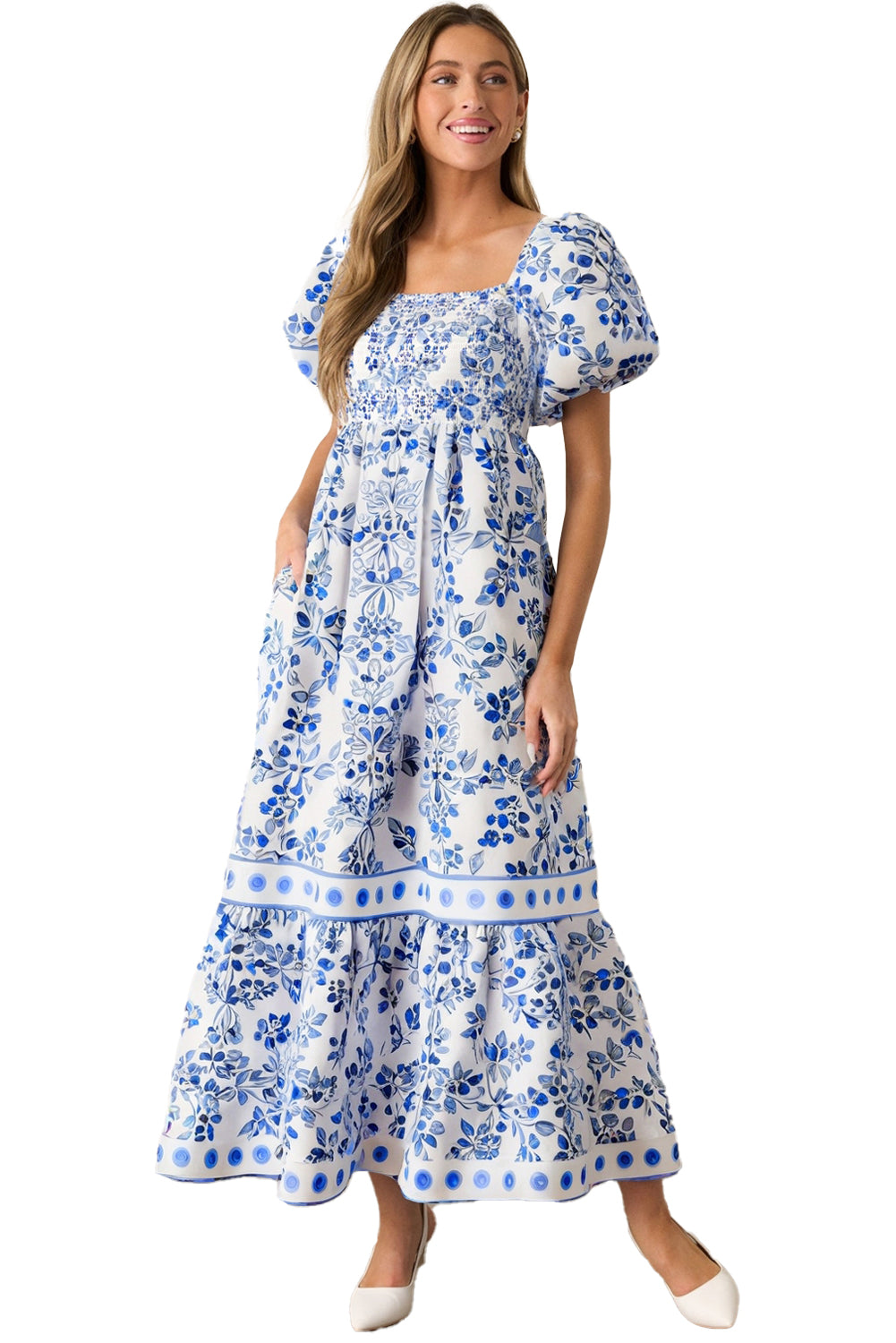 Sky Blue Floral Print Square Neck Bubble Sleeve High Waist Maxi Dress-TOPS / DRESSES-[Adult]-[Female]-2022 Online Blue Zone Planet