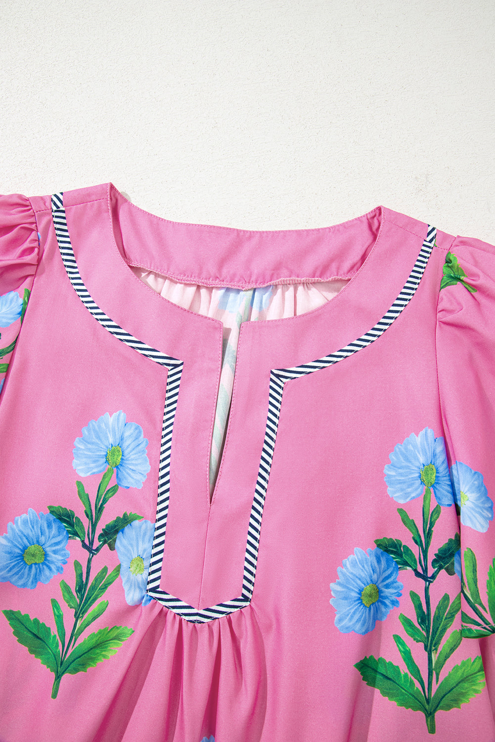 Rose Floral Short Sleeve Split Neck Loose Mini Dress-TOPS / DRESSES-[Adult]-[Female]-2022 Online Blue Zone Planet