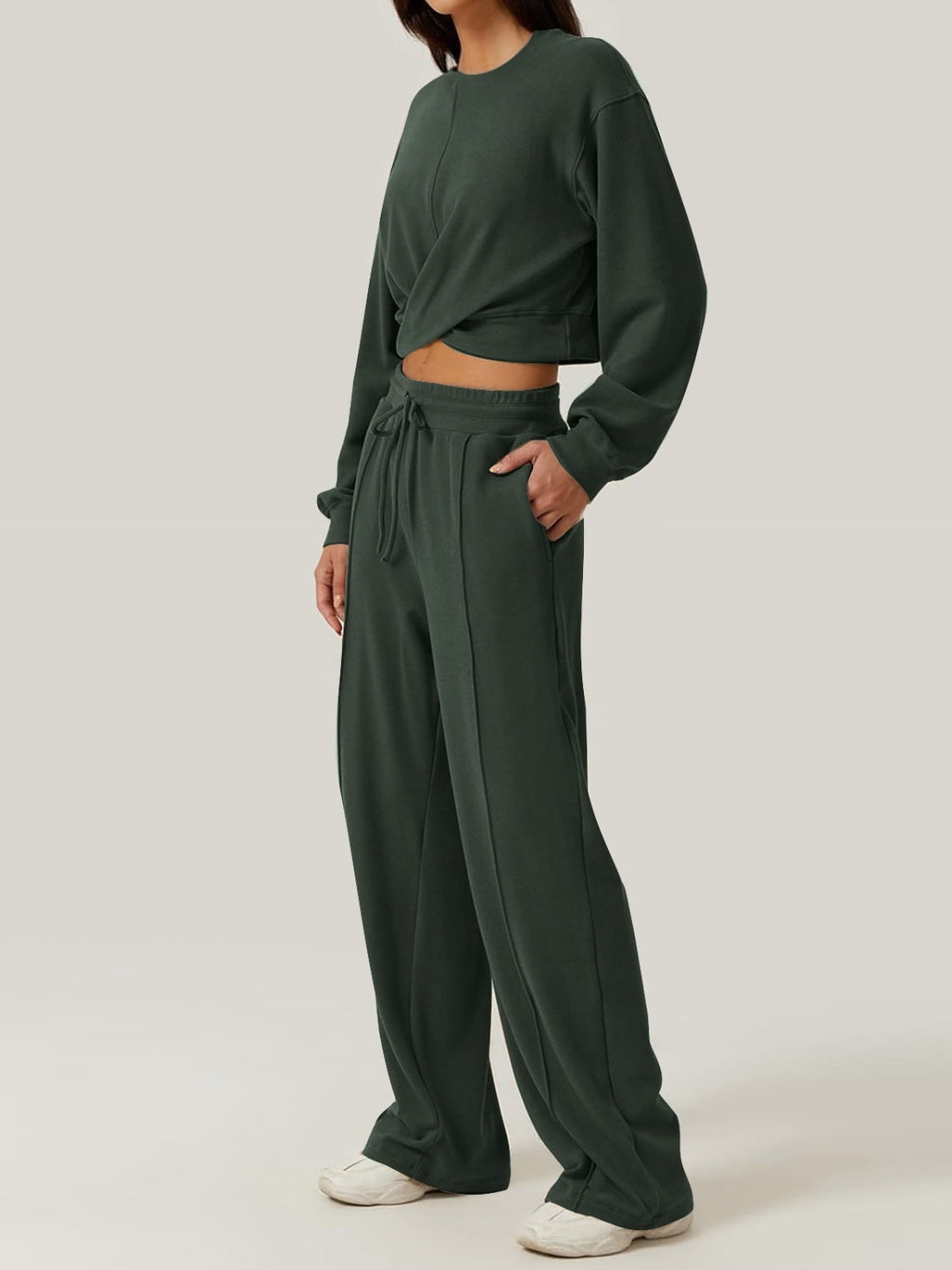 Crisscross Round Neck Top and Drawstring Pants Set-BOTTOMS SIZES SMALL MEDIUM LARGE-[Adult]-[Female]-2022 Online Blue Zone Planet