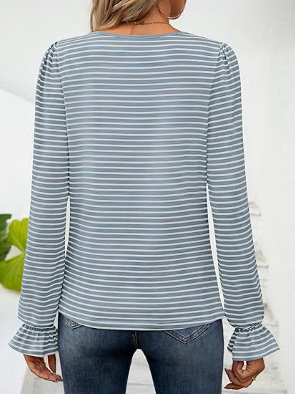 Striped Square Neck Flounce Sleeve Top-TOPS / DRESSES-[Adult]-[Female]-2022 Online Blue Zone Planet