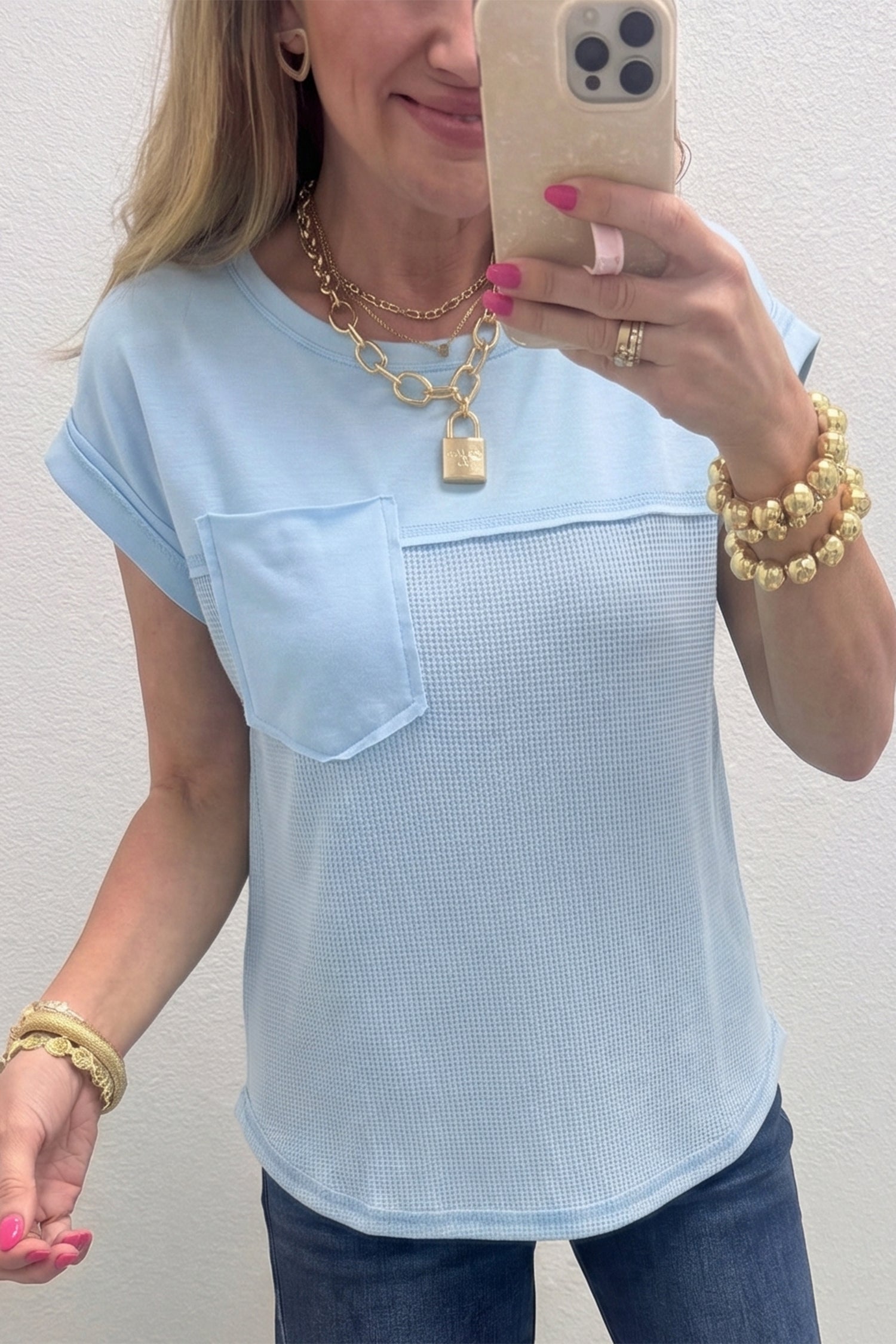 Pink Solid Color Raw Seam Waffled Patchwork Casual T Shirt-Tops/Tops & Tees-[Adult]-[Female]-2022 Online Blue Zone Planet