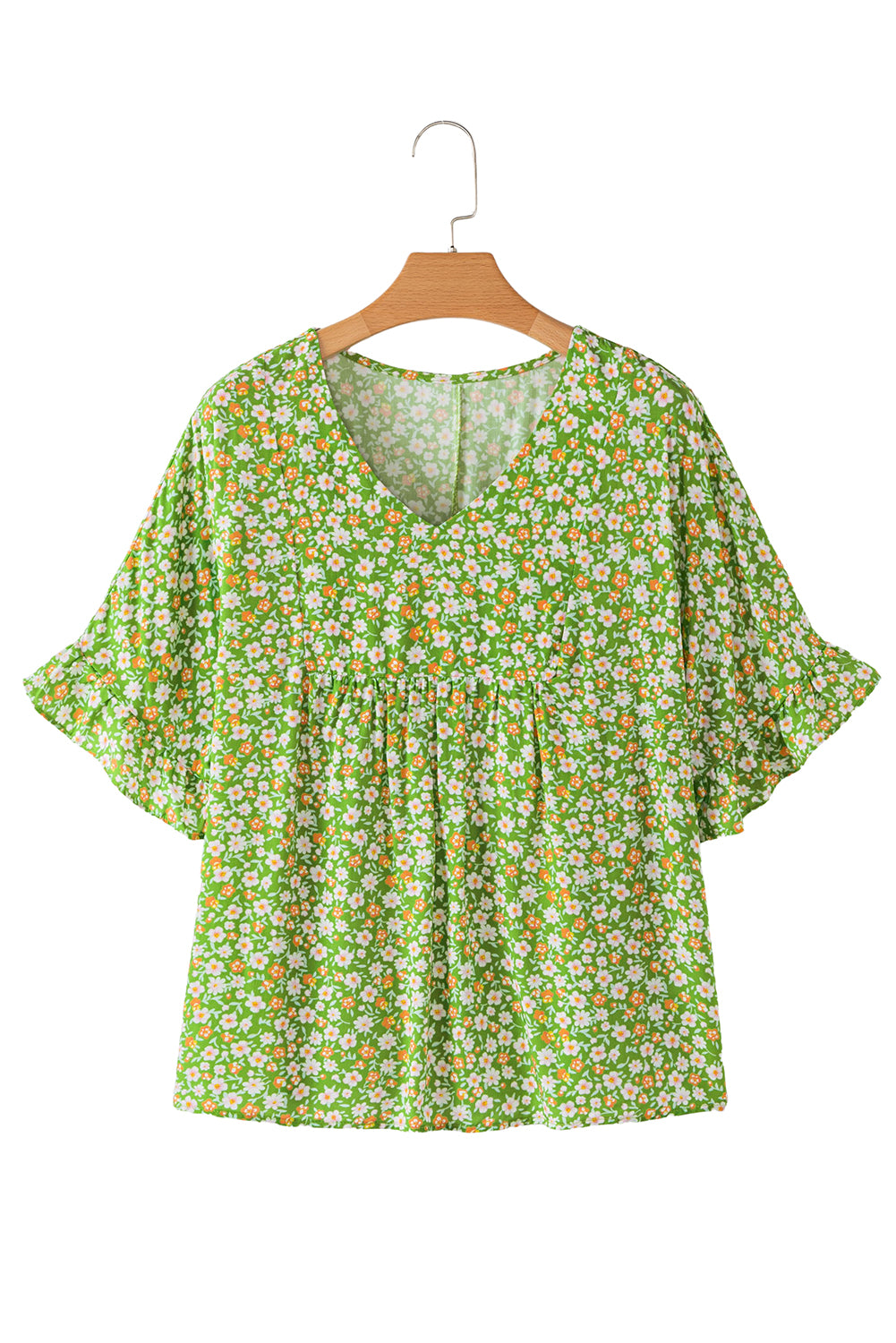 Green Floral Print Ruffle Sleeve V Neck Blouse Top-Tops/Blouses & Shirts-[Adult]-[Female]-2022 Online Blue Zone Planet