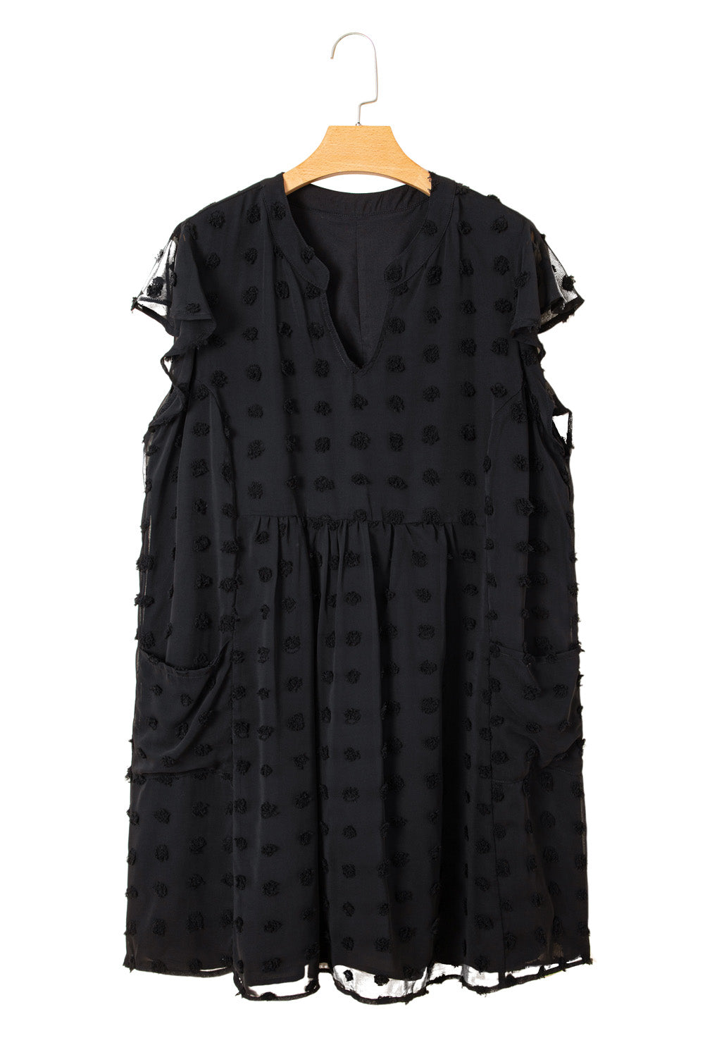 Black Dotty Textured Notched Neck Plus Ruffled Dress-TOPS / DRESSES-[Adult]-[Female]-2022 Online Blue Zone Planet