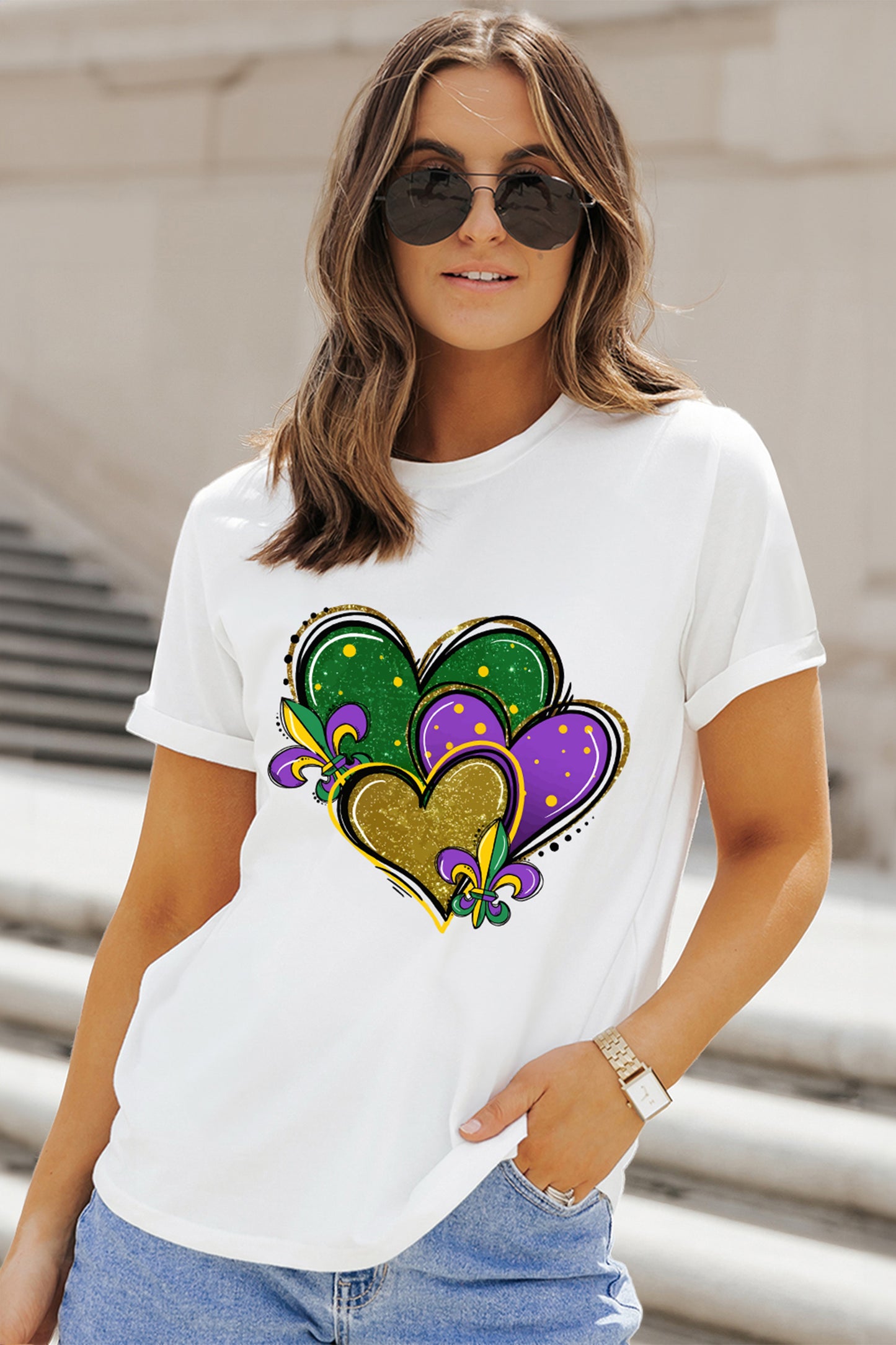White Mardi Gras Tricolor Heart Print Womens Casual Tee-Graphic Tees-[Adult]-[Female]-2022 Online Blue Zone Planet
