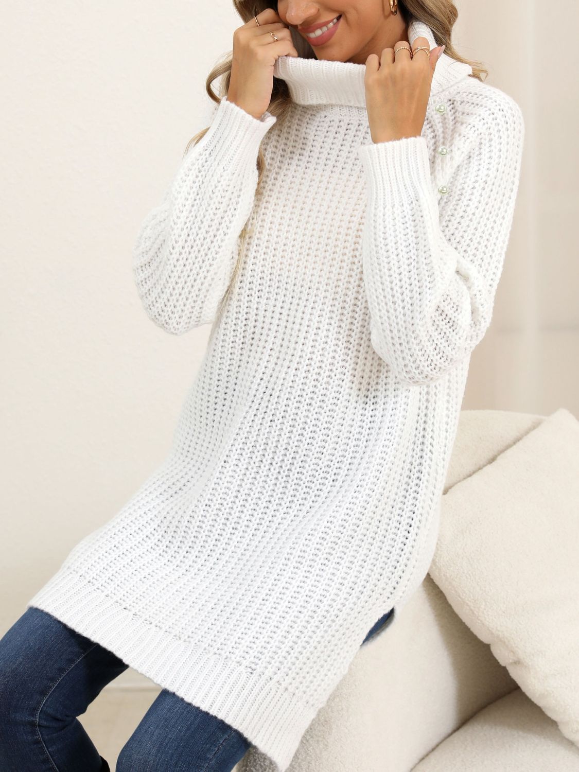 Slit Turtleneck Long Sleeve Sweater-TOPS / DRESSES-[Adult]-[Female]-2022 Online Blue Zone Planet