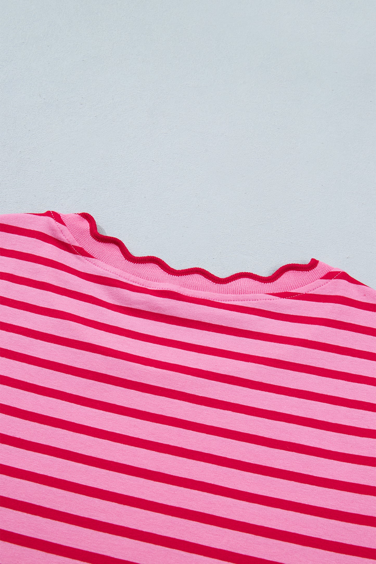 Pink Stripe Scalloped Trim Round Neck T Shirt-Tops/Tops & Tees-[Adult]-[Female]-2022 Online Blue Zone Planet