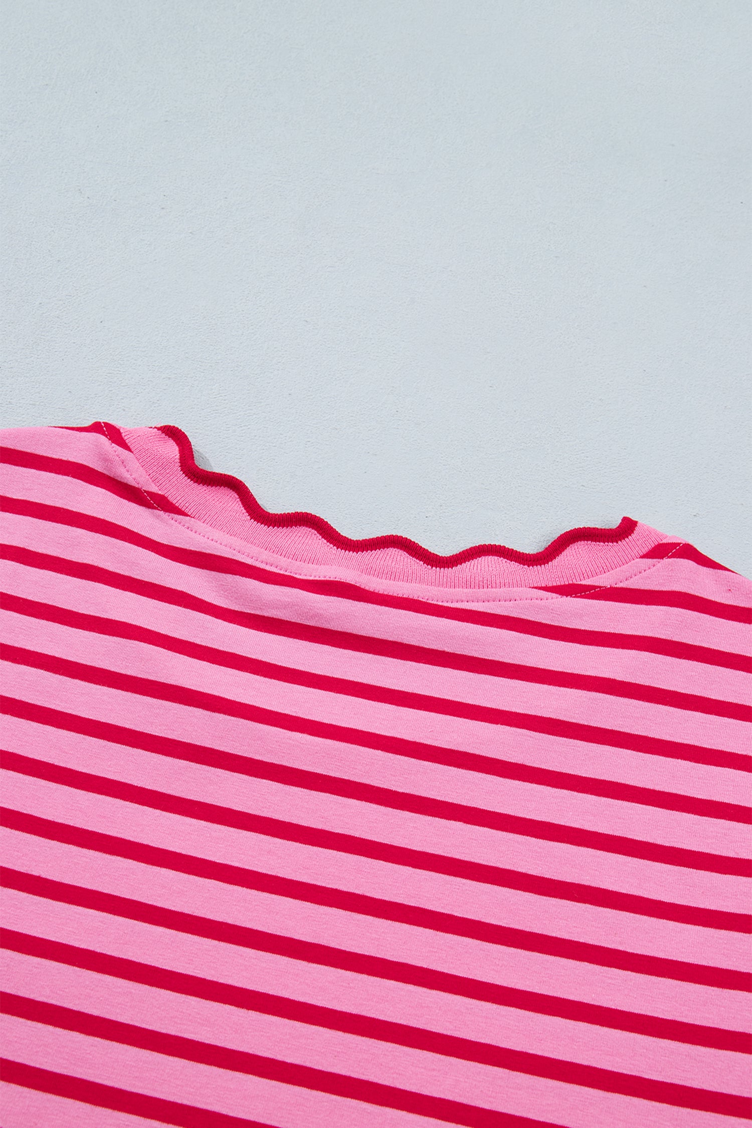 Pink Stripe Scalloped Trim Round Neck T Shirt-Tops/Tops & Tees-[Adult]-[Female]-2022 Online Blue Zone Planet