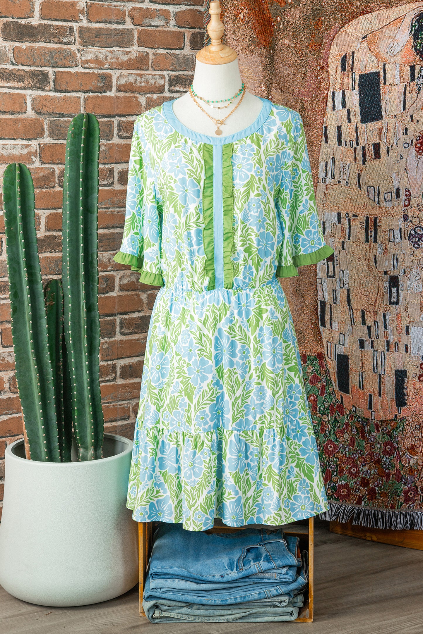 Sky Blue Floral Print High Waist Ruffle Short Sleeve Mini Dress-TOPS / DRESSES-[Adult]-[Female]-2022 Online Blue Zone Planet