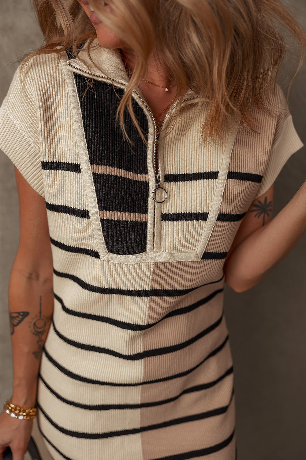 Striped Quarter Zip Cap Sleeve Sweater Dress-TOPS / DRESSES-[Adult]-[Female]-2022 Online Blue Zone Planet