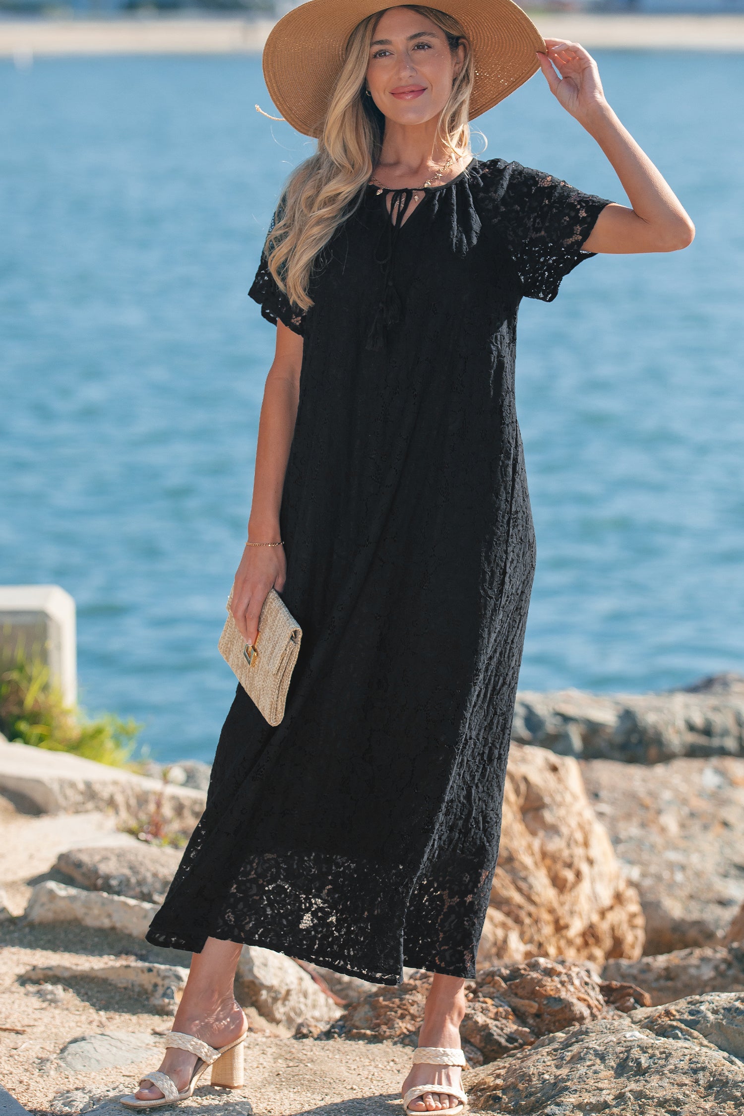 Black Floral Lace Overlay Tassel Tie Short Sleeve Beach Vacation Loose Maxi Dress-TOPS / DRESSES-[Adult]-[Female]-2022 Online Blue Zone Planet