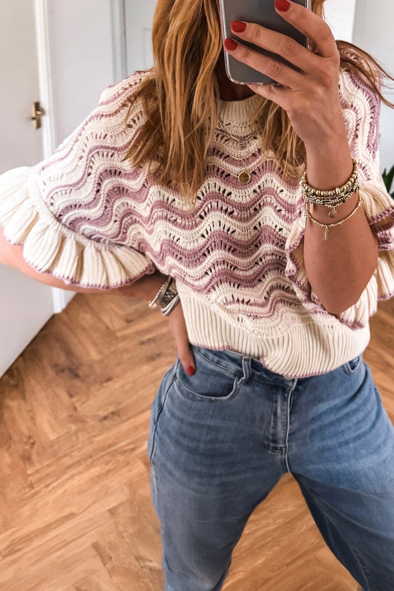 Beige Stripe Wavy Crochet Eyelet Detail Ruffle Half Sleeve Sweater-TOPS / DRESSES-[Adult]-[Female]-2022 Online Blue Zone Planet