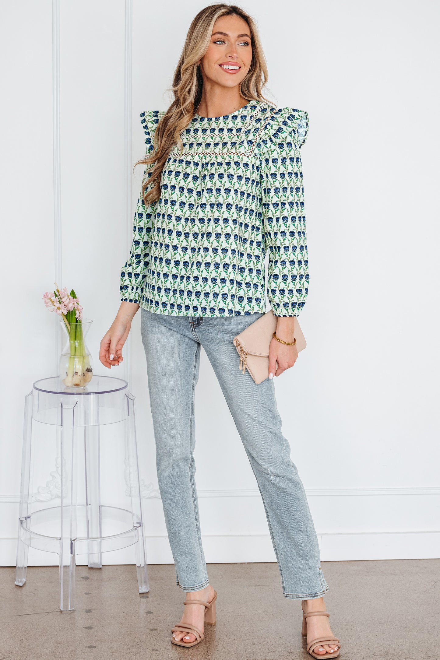 Green Floral Print Lace Detail Ruffle Trim Long Sleeve Blouse-Tops/Blouses & Shirts-[Adult]-[Female]-2022 Online Blue Zone Planet