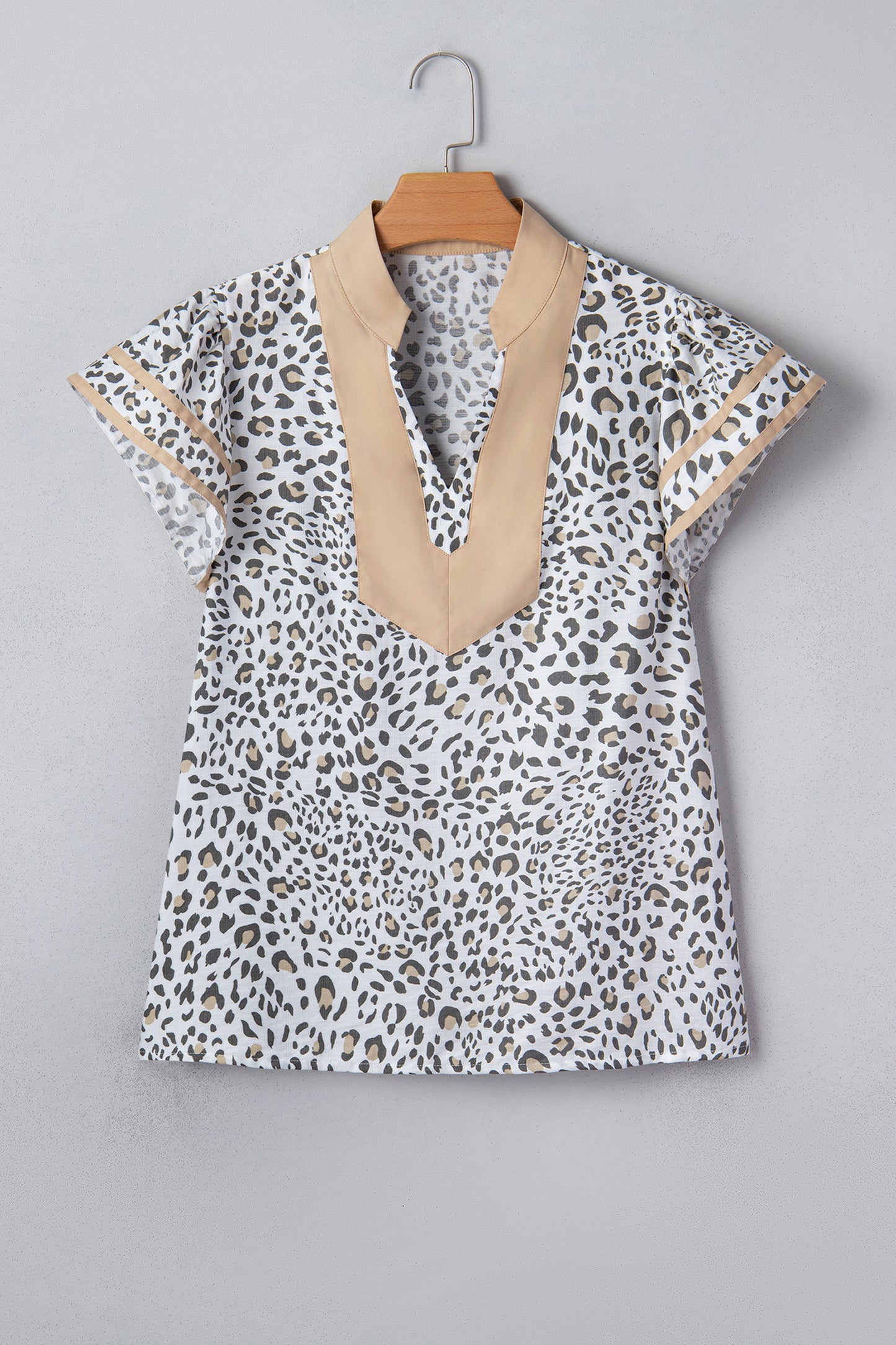 White Leopard Printed Color Block Patchwork V Neck Cap Sleeve Blouse-Tops/Blouses & Shirts-[Adult]-[Female]-2022 Online Blue Zone Planet