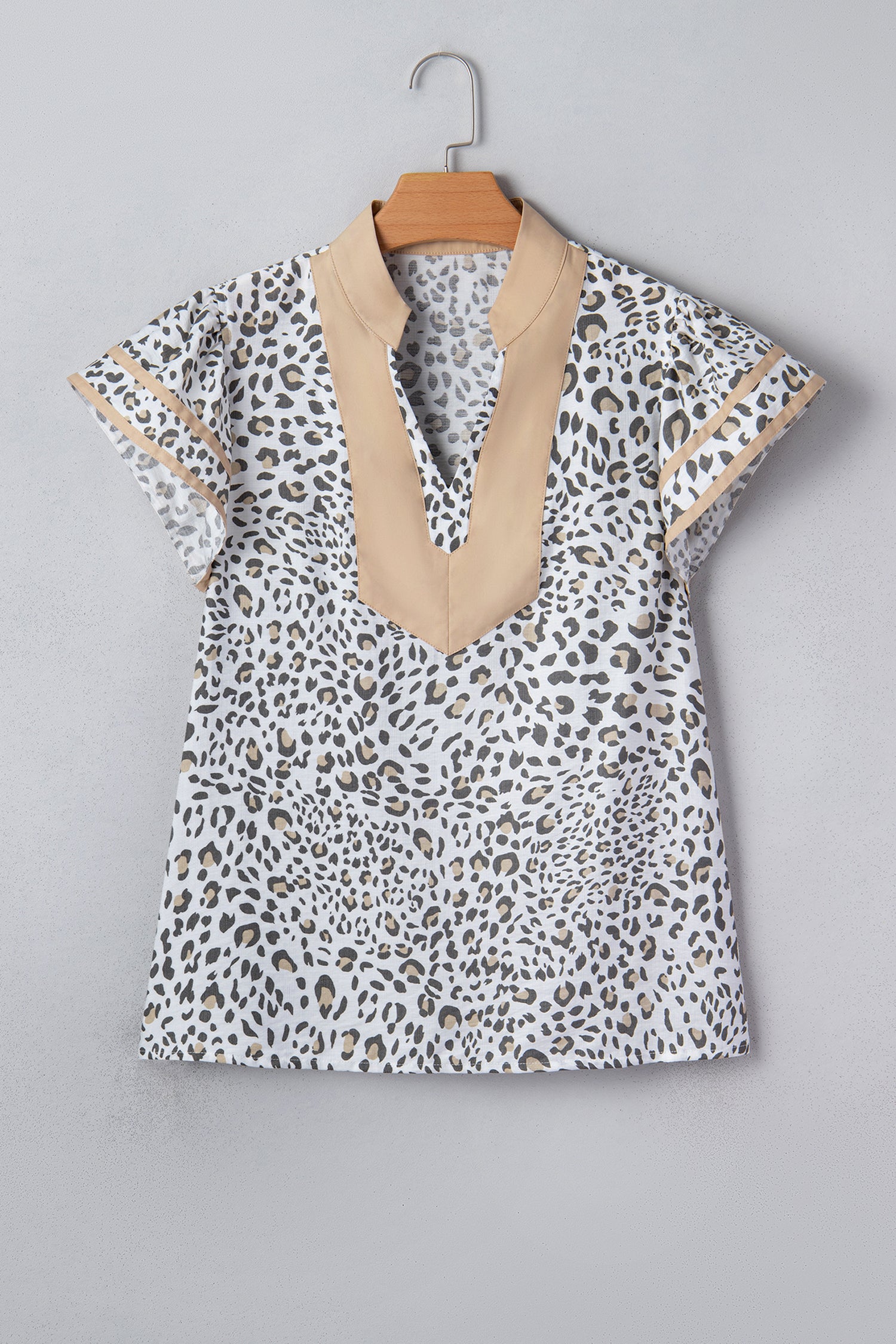 White Leopard Printed Color Block Patchwork V Neck Cap Sleeve Blouse-Tops/Blouses & Shirts-[Adult]-[Female]-2022 Online Blue Zone Planet