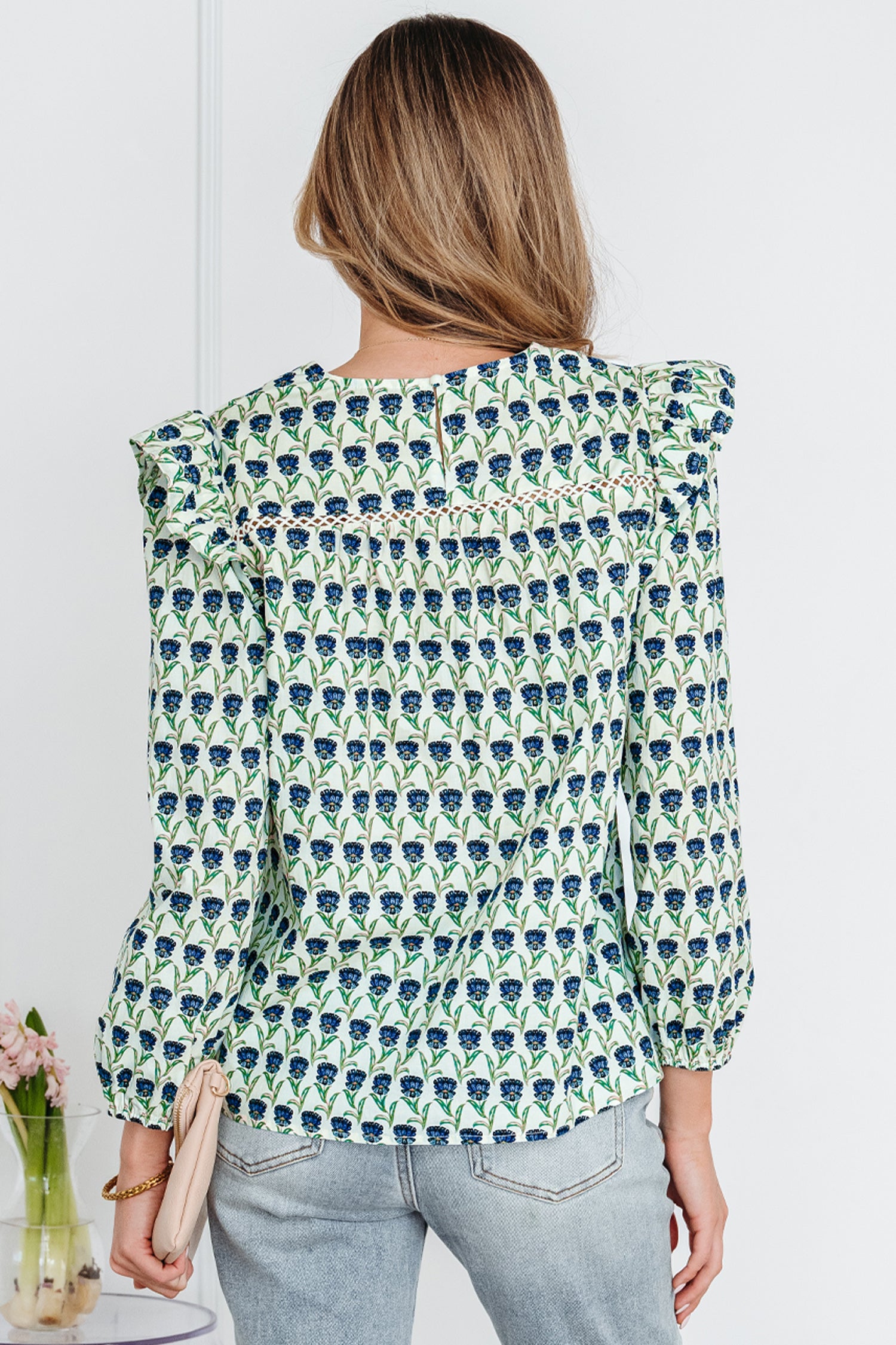 Green Floral Print Lace Detail Ruffle Trim Long Sleeve Blouse-Tops/Blouses & Shirts-[Adult]-[Female]-2022 Online Blue Zone Planet