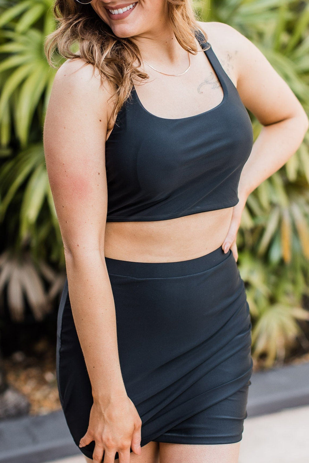 Black Plain Crossover Bikini Tank and Skort Swimwear-Bikini Sets-[Adult]-[Female]-2022 Online Blue Zone Planet