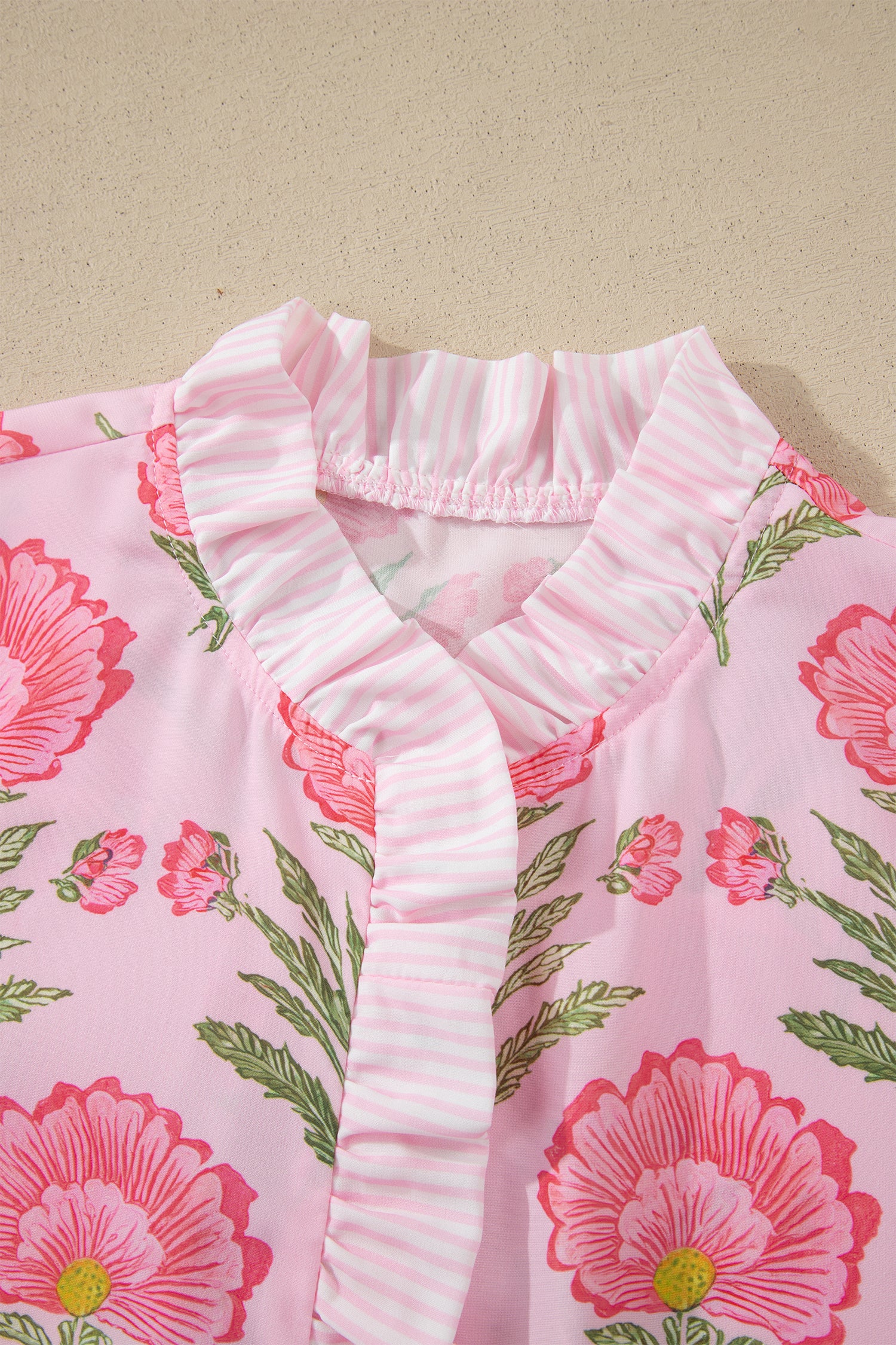 Pink Sweet Blooms Ruffle Striped Trim Puff Sleeve Shirt-Tops/Blouses & Shirts-[Adult]-[Female]-2022 Online Blue Zone Planet