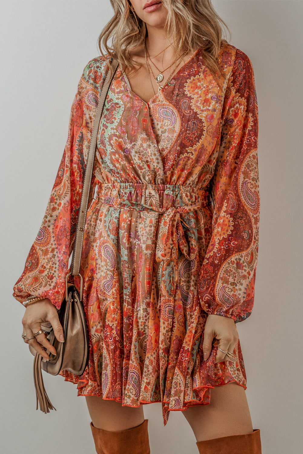 Blue Zone Planet | Orange Boho Paisley Print Long Sleeve Pleated Belted Mini Dress-TOPS / DRESSES-[Adult]-[Female]-Orange-S-2022 Online Blue Zone Planet