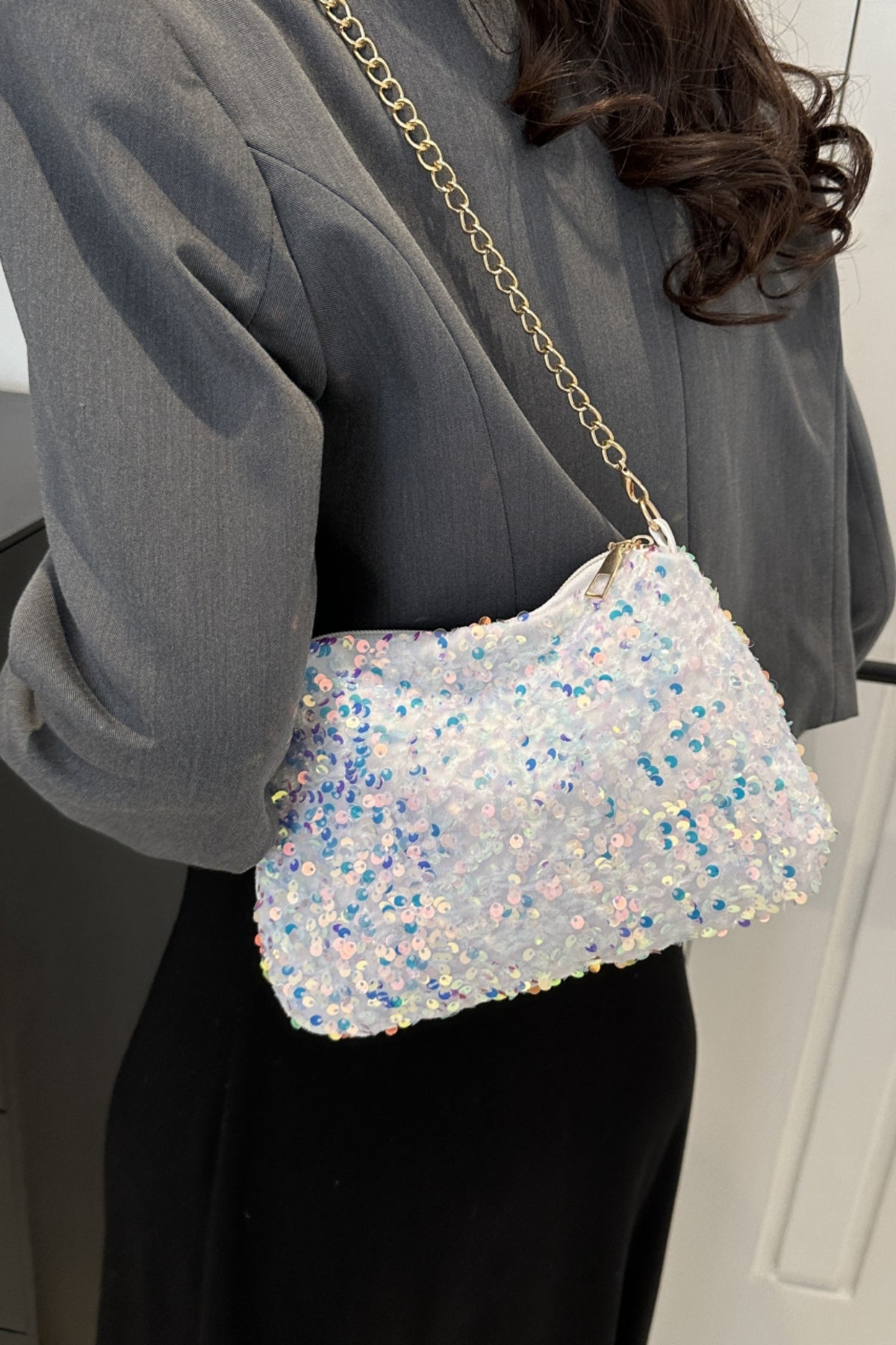 Sequin Removable Strap Shoulder Bag-HANDBAGS-[Adult]-[Female]-White-One Size-2022 Online Blue Zone Planet