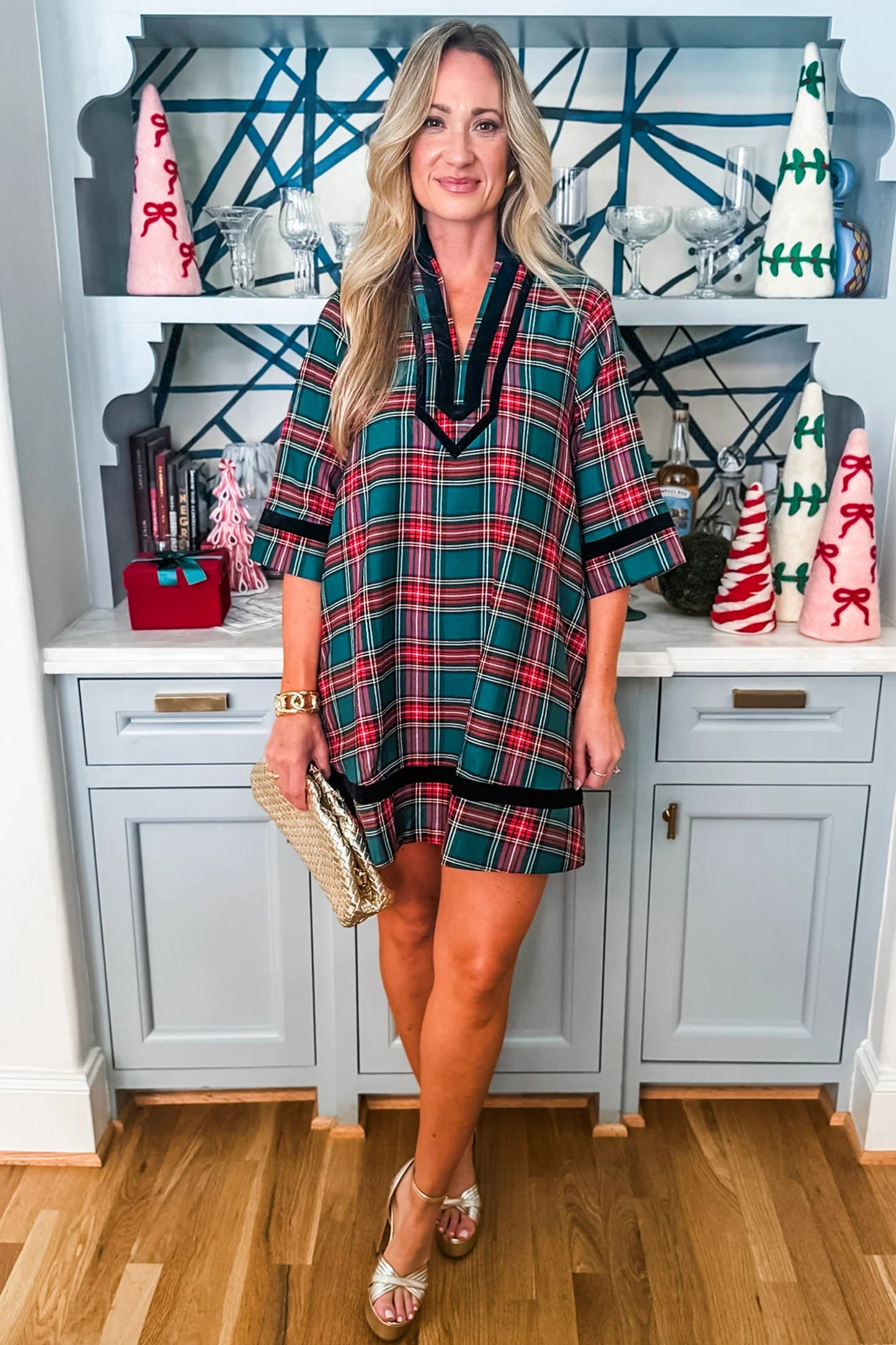 Green Plaid Velvet Trim Pockets Short Shift Dress-TOPS / DRESSES-[Adult]-[Female]-2022 Online Blue Zone Planet