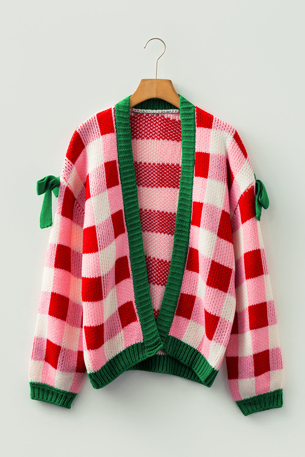 Pink Plaid Knit Bow Knot Decor Open Front Sweater Cardigan-TOPS / DRESSES-[Adult]-[Female]-2022 Online Blue Zone Planet