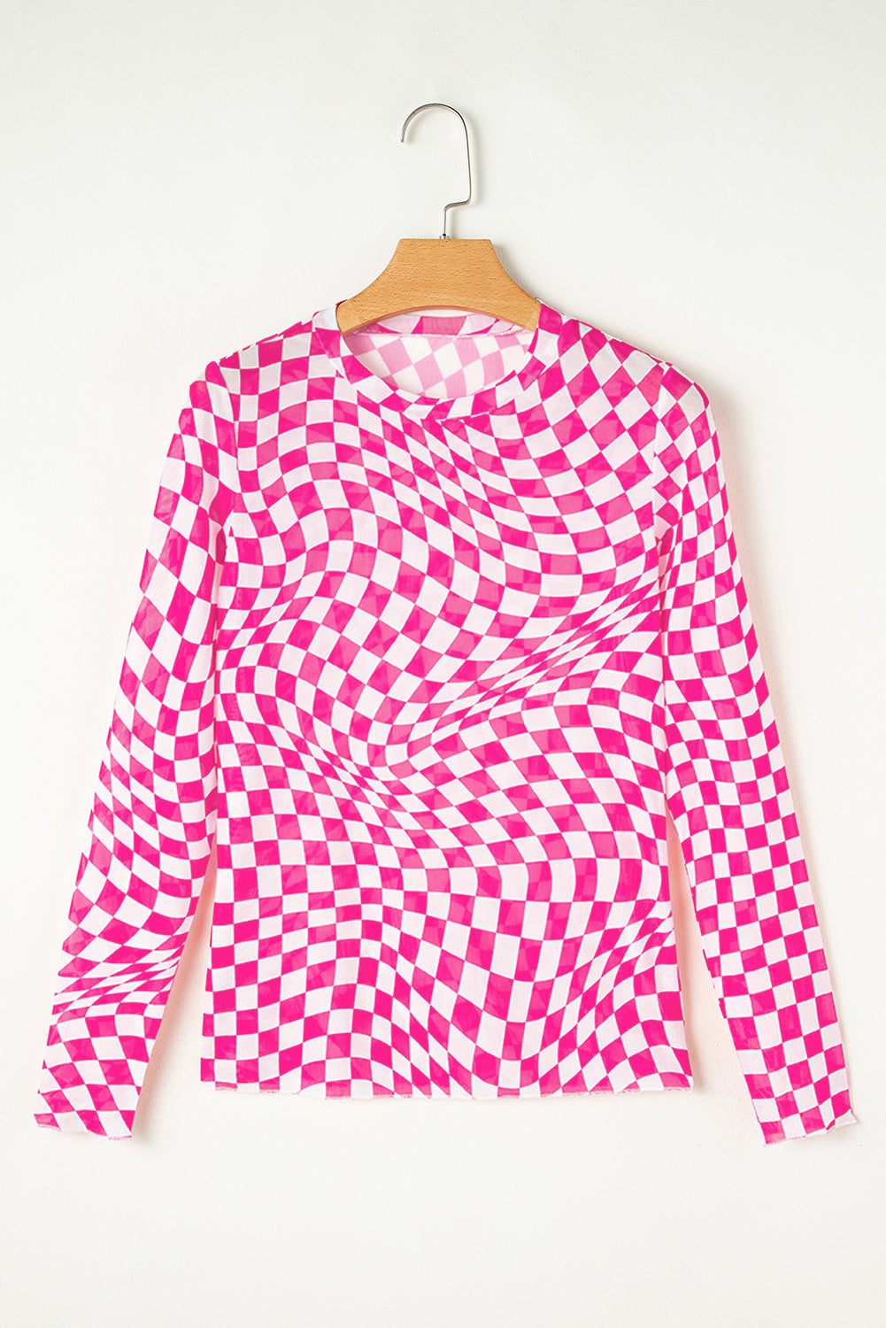 Blue Zone Planet | Rose Checkered Pattern Mesh Mock Neck Long Sleeve Top-Tops/Long Sleeve Tops-[Adult]-[Female]-2022 Online Blue Zone Planet