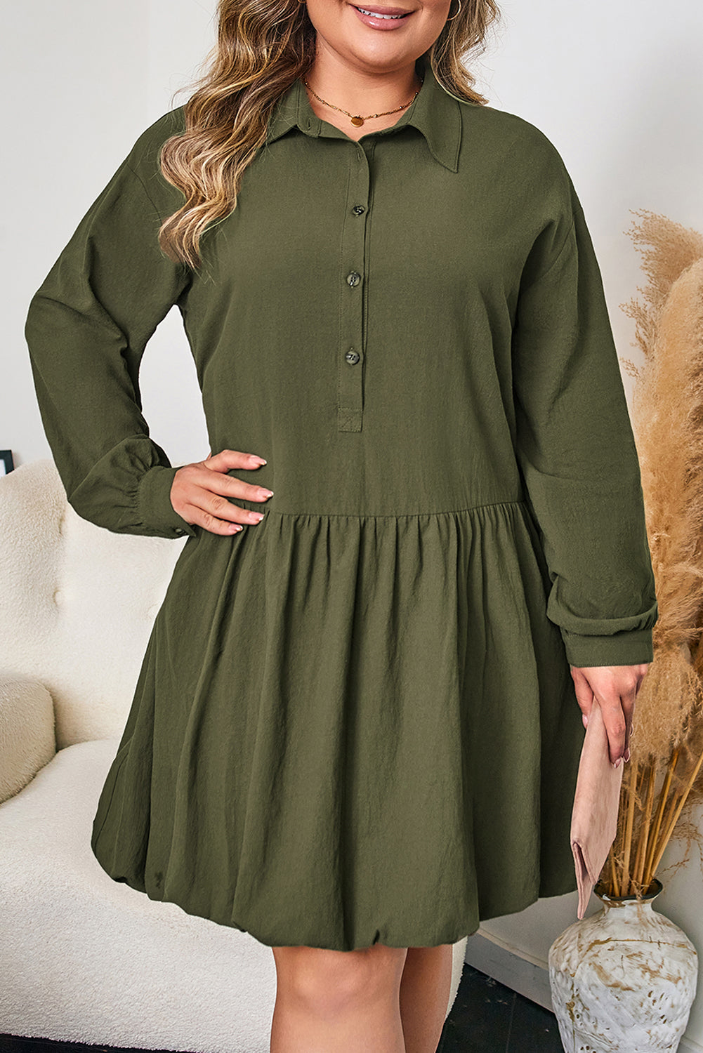 Four Leaf Clover Plus Size Collar Half Button Long Sleeve Ruffle Hem Mini Dress-TOPS / DRESSES-[Adult]-[Female]-2022 Online Blue Zone Planet