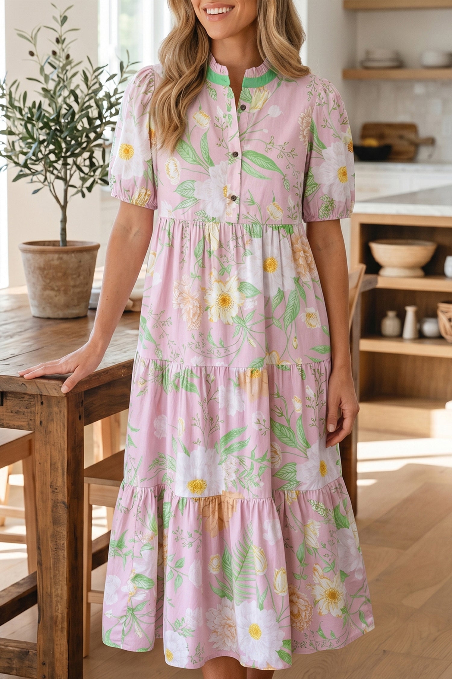 Pink Floral Print Short Puff Sleeve High Waist Tiered Maxi Dress-TOPS / DRESSES-[Adult]-[Female]-2022 Online Blue Zone Planet