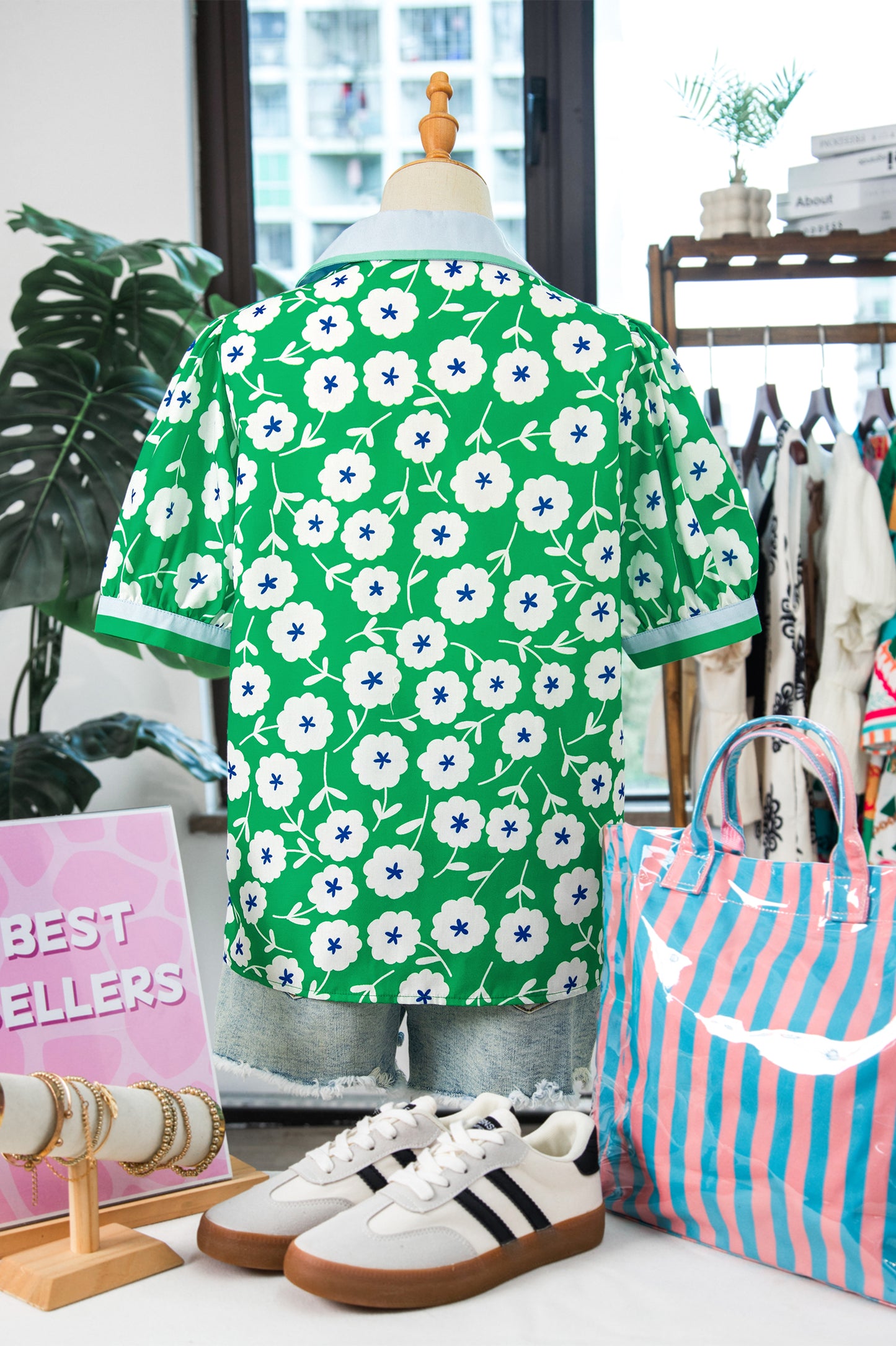 Green Flower Printed Contrast Patchwork Collar Short Sleeve Blouse-Tops/Blouses & Shirts-[Adult]-[Female]-2022 Online Blue Zone Planet