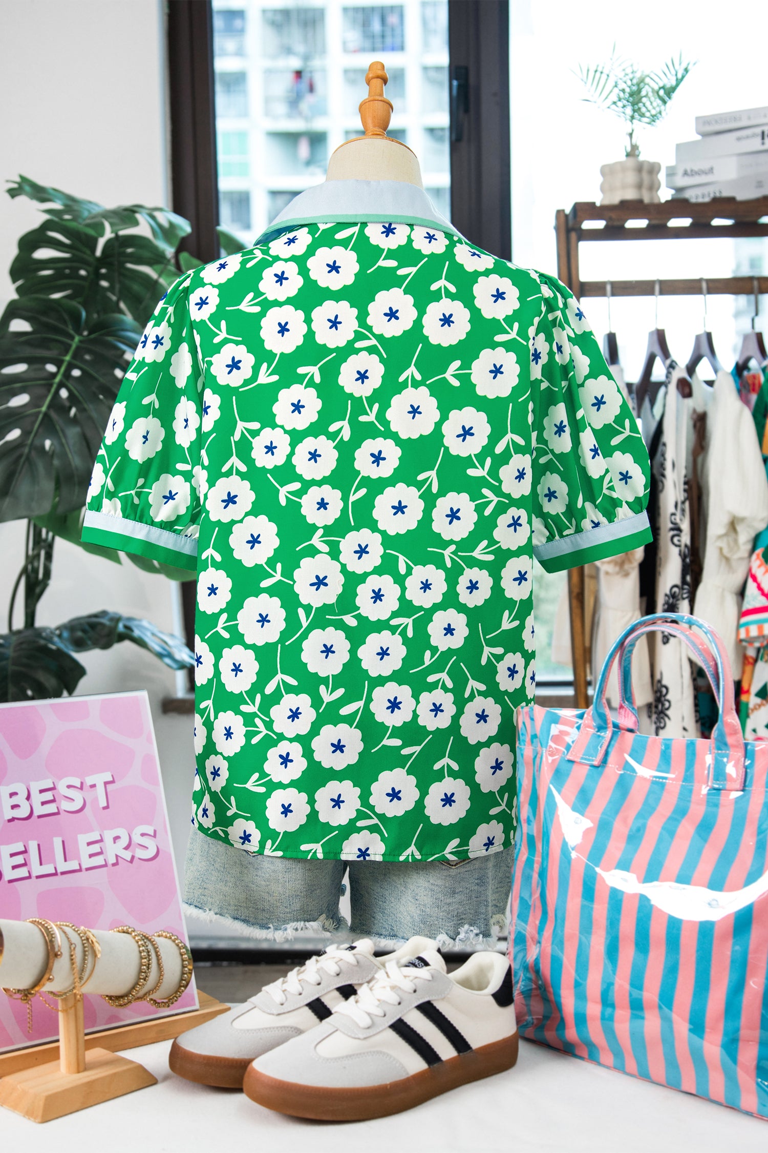 Green Flower Printed Contrast Patchwork Collar Short Sleeve Blouse-Tops/Blouses & Shirts-[Adult]-[Female]-2022 Online Blue Zone Planet