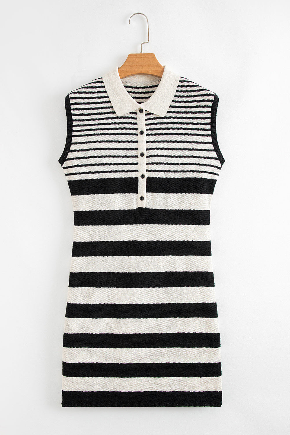 Black Mixed Striped Print Half Placket Collared Cap Sleeve Bodycon Sweater Dress-TOPS / DRESSES-[Adult]-[Female]-2022 Online Blue Zone Planet