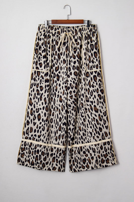 Khaki Exposed Seam Patched Pocket Plus Size Drawstring Leopard Wide Leg Pants-Plus Size/Plus Size Bottoms-[Adult]-[Female]-2022 Online Blue Zone Planet