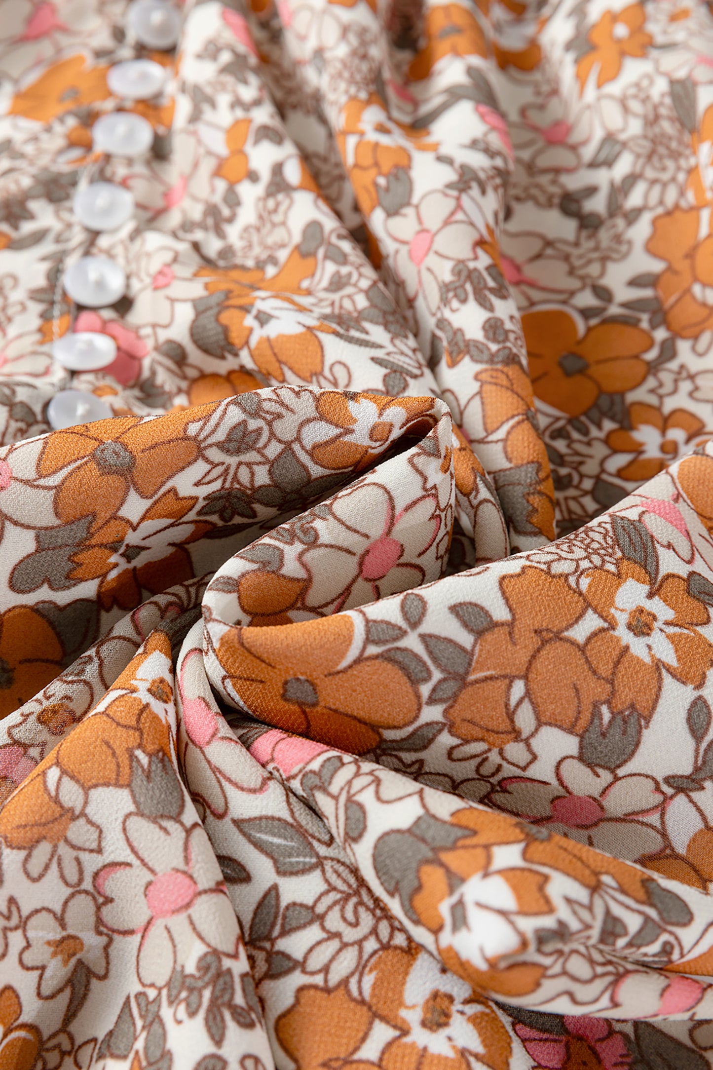 Orange Bohemian Floral Puff Sleeve Full Button Shirt-Tops/Blouses & Shirts-[Adult]-[Female]-2022 Online Blue Zone Planet