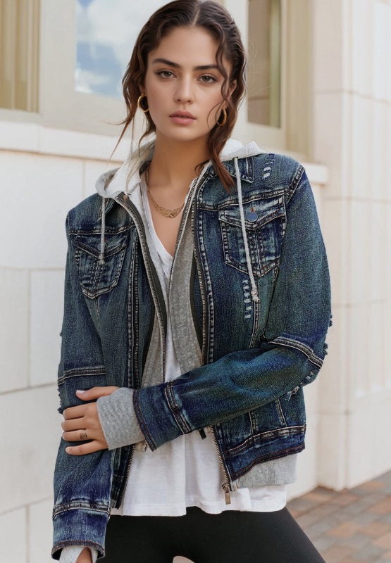 Fake Two-Piece Hooded Zip-Up Denim Jacket-TOPS / DRESSES-[Adult]-[Female]-2022 Online Blue Zone Planet