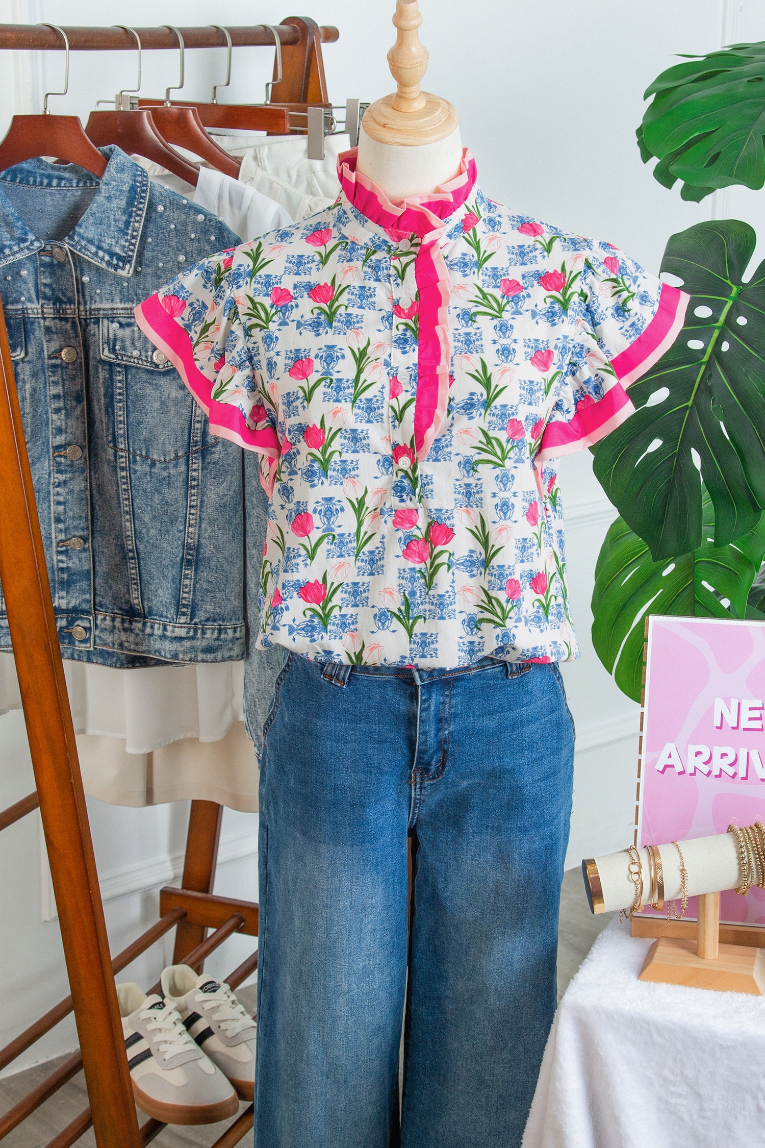 Rose Floral Print Color Block Striped Trim Flutter Sleeve Half Button Blouse-Tops/Blouses & Shirts-[Adult]-[Female]-2022 Online Blue Zone Planet