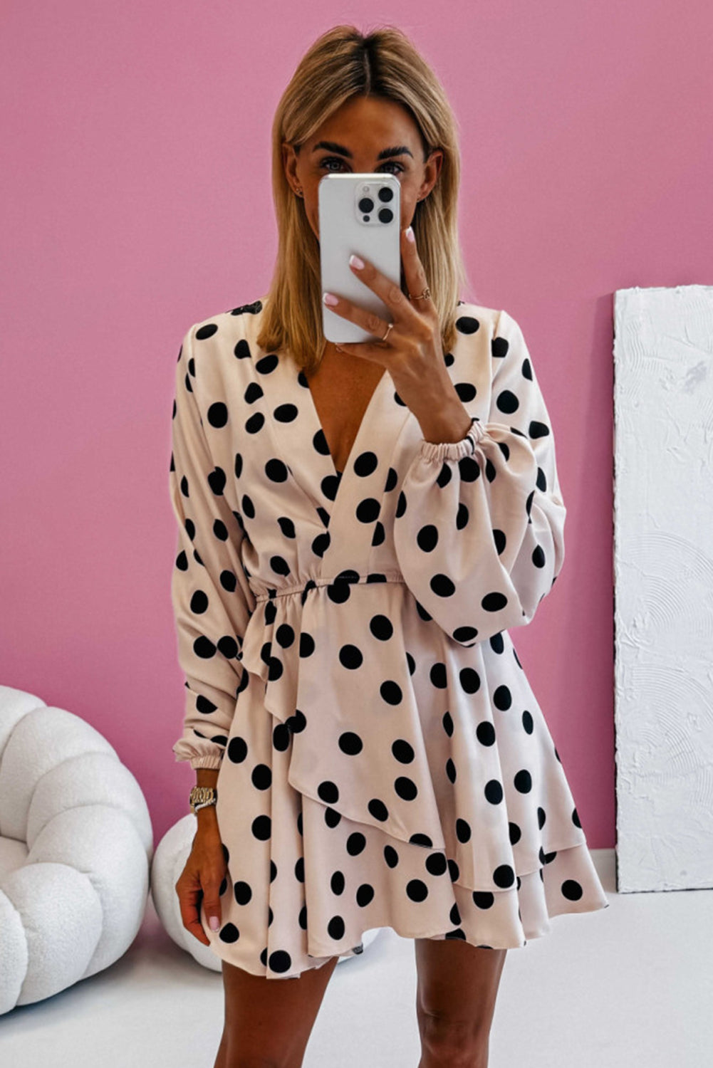 Blue Zone Planet | Beige Polka Dot Print Surplice V Neck Puff Sleeve Mini Dress-TOPS / DRESSES-[Adult]-[Female]-2022 Online Blue Zone Planet